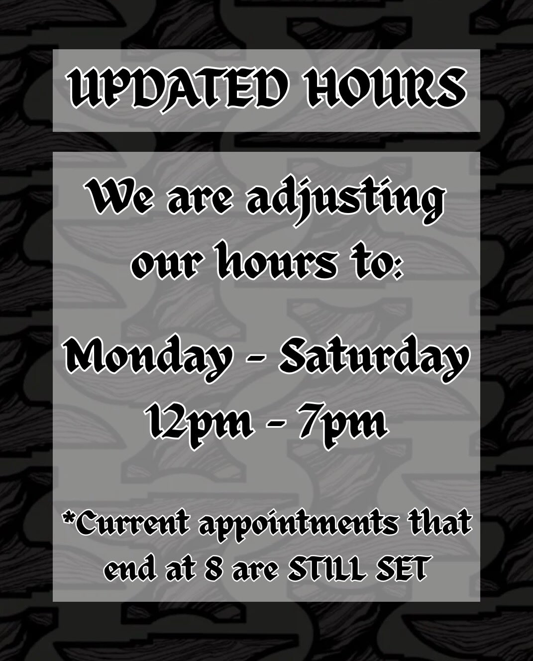 ‼️ THIS WEEK AT IRONWOOD INK 3/10-3/14 ‼️
🕰️ We are phasing in a change in our hours! We will be open Monday-Saturday from 12pm-7pm. Don’t worry if you have an appointment booked until 8pm, that appointment is STILL GOOD! Scheduling from now on will only go until 7pm for future appointments.
💎 @cassidy_pokes hours are staying the same: Tuesday-Saturday from 12pm-7pm, and she’ll be here for her normal hours this week!
⛓️💥 @seth_agar_tattoo is having a walk-in Flash Event from 3pm-8pm this Friday the 13th! Keep your eyes peeled for designs 👀
❗️We are fully booked for appointments this week, but will post on here if we have any openings!
❗️To get set up with an appointment for as soon as possible, stop by the shop any time we are open for a walk-in consultation! All appointments require a consultation and non-refundable deposit that comes off the total price at the end 🗓️
#ironwoodink #omahatattooshop #omahatattoos #omahapiercing #omahanebraska