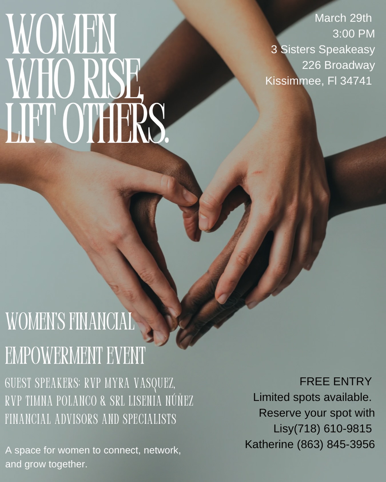 Women building wealth together right here in Kissimmee.
This Women’s Financial Empowerment Event is creating space for women to connect, learn, and take real steps toward financial stability and growth. Access to financial knowledge changes families and changes communities.
Sunday, March 29
3:00 PM
3 Sisters Speakeasy
226 Broadway
Kissimmee, FL 34741
Free entry. Limited spots available.
Hear directly from financial advisors and specialists including RVP Myra Vasquez, RVP Timna Polanco, and SRL Lisenia Núñez as they share tools and strategies for financial empowerment.
When women have access to information, resources, and community, everyone rises. That is the kind of leadership and opportunity our community deserves.
Reserve your spot
Lisy: (718) 610-9815
Katherine: (863) 845-3956
Pull up, bring a friend, and tap in with women who are serious about growth and generational impact. ✊🏾💼📈