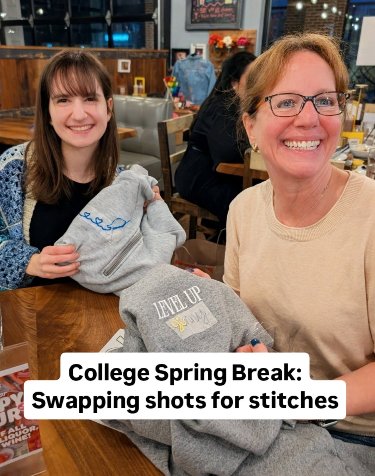 College spring break…but she chose to stitch with Mom 💕.
Ginny has come to our workshops, but this time brought along her daughter home for Spring Break to learn the new braided stitch at @bareburger_newjersey this past Monday.
They spent the night stitching side by side, sharing their passion for creativity.
Honestly, I love this version of spring break.
No phones. No rushing. Just time together and a memory they’ll actually keep.
These are the moments that make Embroidery Babes so special to me.
Tag someone you’d love to stitch with 🪡
#embroiderybabes #stitchandsip #momdaughtertime #bergencountynj #njworkshops