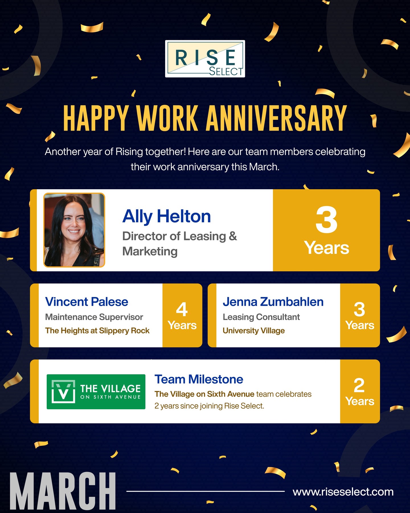 Another year of growing together at Rise.
This March, we’re celebrating the dedication and contributions of our team members who continue to make a difference across our communities. Their commitment, teamwork, and passion help drive our success every day.
Thank you for being an important part of the Rise journey!
#workanniversary #riseteam #teammilestone #investwithrise #thevillageonsixth #heightsatslipperyrock #universityvillage #teamwork #riseselect