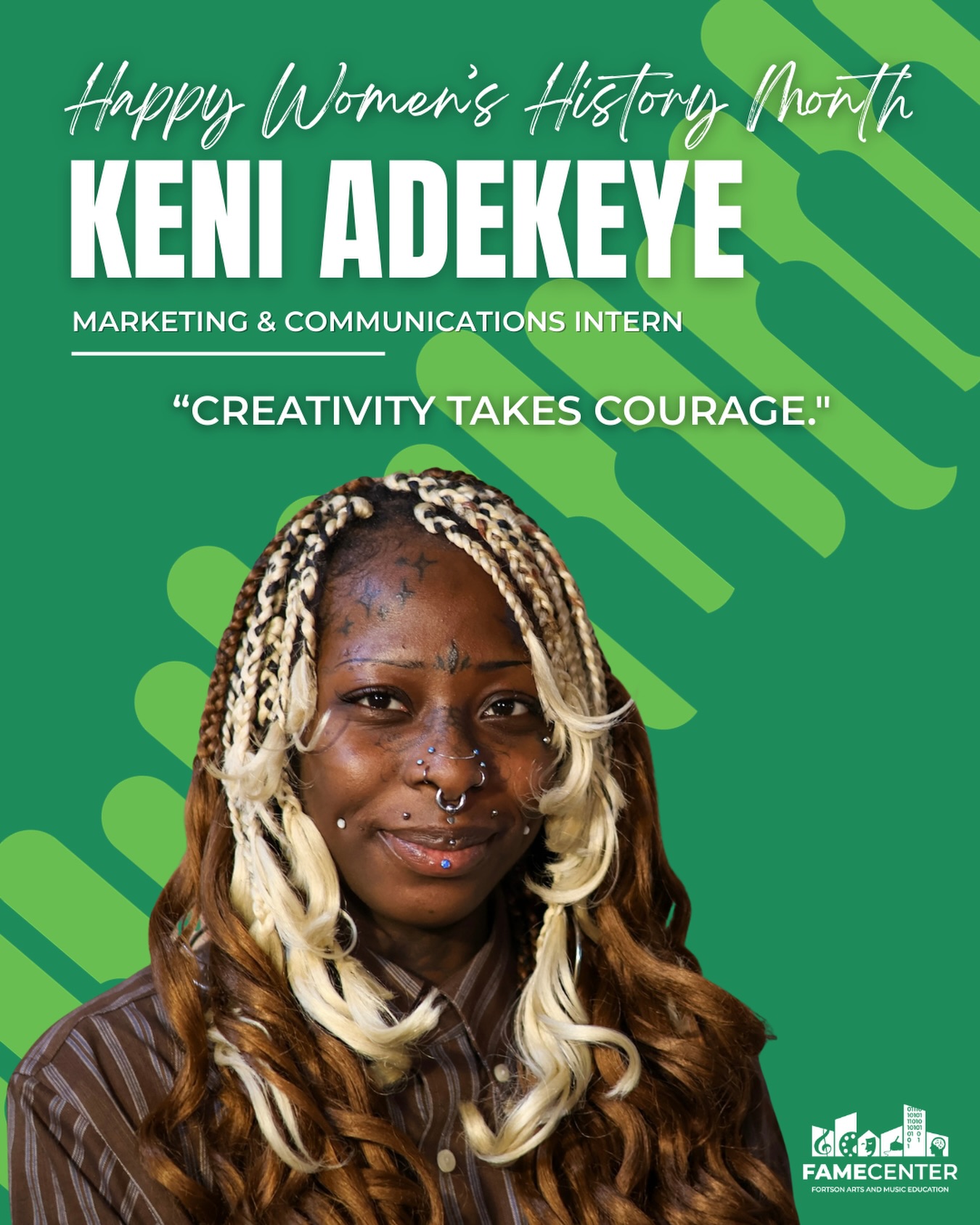 For Women’s History Month, we are proud to highlight Marketing and Communications Intern Keni Adekeye as part of FAME Center’s administrative team. Keni currently works as the Social Media Manager for FAME Center in the marketing department.
Thank you, Keni, for your hard work supporting FAME’s mission to provide equitable access to arts education in our community.
#WomensHistoryMonth #ChicagoArts #ArtsEducation #Southloopchicago #FAMECenter