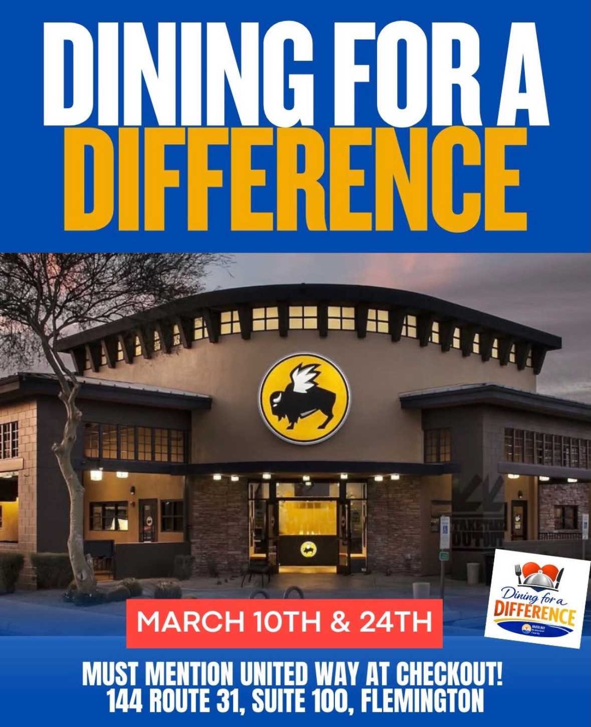 🚨 Happening Today — Dine for a Difference! 🚨
You’ve got THREE delicious ways to give back today:
🥪 Panera Bread (4–8 PM, Flemington): 25% of sales benefit United Way — dine in, drive-thru, pick-up, or delivery. Show the flyer or use code FUND4U online.
🥯 The Bagel Club & LA Café (Flemington): Mention United Way before ordering and a portion supports local programs.
🍗 Buffalo Wild Wings (Flemington): Show the flyer or screenshot when ordering and give back while you enjoy the game-day vibes.
Three meals. Quadruple the impact. We hope to see you out in the community today! ❤️
#DineForADifference #UnitedWayHunterdon #SupportLocal #CommunityStrong