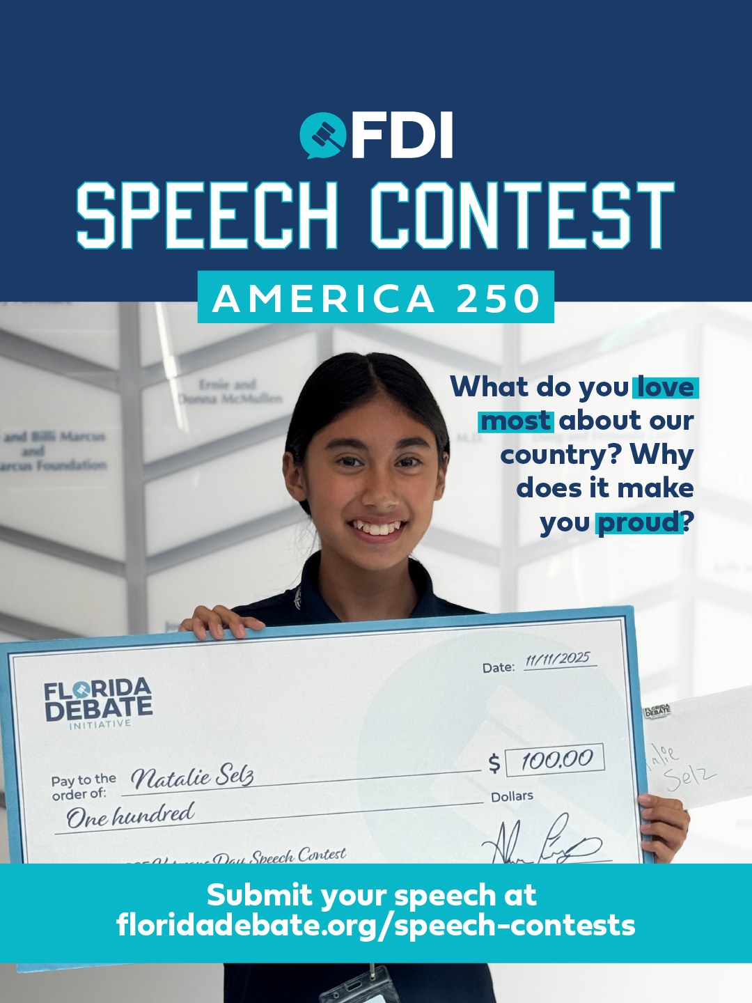 š¤ Attention students in grades 3ā8! A new speech contest is just around the corner, and this one is extra special. In honor of America's 250th anniversary, we want to hear what YOU love most about our country! Answer the prompt: What do you love most about America ā and why does it make you proud? Submit your speech by April 20th for a chance to win $100! Head to floridadebate.org/speech-contests to learn more and enter. šŗšø