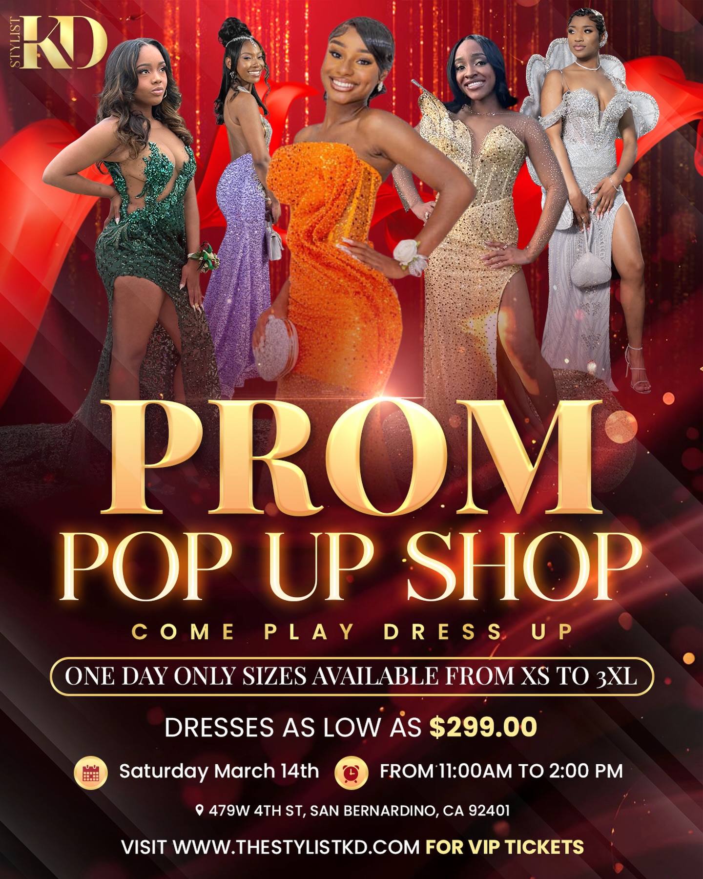 Pop up shop tmrw 3/14 at 11:00am. I’ll even have 1-2 dresses as low as $100 😮 See you there
📍The Pulse
479 W. 4th St San Bernardino 92401
Designs are limited so get there early.
Join us for FREE
(No ticket needed for free entry)
•Browse gowns from as low as $299 (sizes XS-3XL)
There will also be several vendors in the building, don’t miss the opportunity to get several of your prom needs in one spot, or if you just want to stop in and check out a vendor come on in 🤗