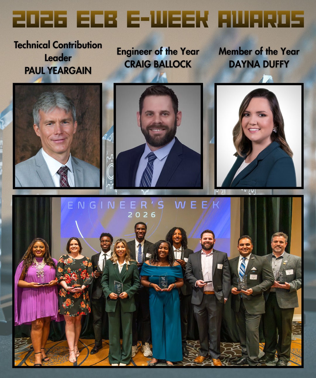 We rounded out E-Week with an awards gala celebrating our outstanding ECB members along with our partners at @swecfl @fescfl @wtscentralflorida and NSBE. Congratulations to our Technical Contribution Leader of the Year - Paul Yeargain; Member of the Year - Dayna Duffy; and Engineer of the Year - Craig Ballock. All three individuals help support the mission of ASCE ECB by coordinating events, mentoring, and leading our organization, and we are proud to recognize them for their commitment.
#asce #asceecb