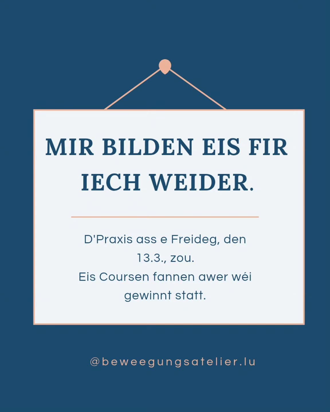 Nous sommes en formation afin de continuer à améliorer nos services.
Le cabinet reste fermé aujourd’hui, vendredi 13.03.2026.
Nos cours ont lieu comme d’habitude. 💪