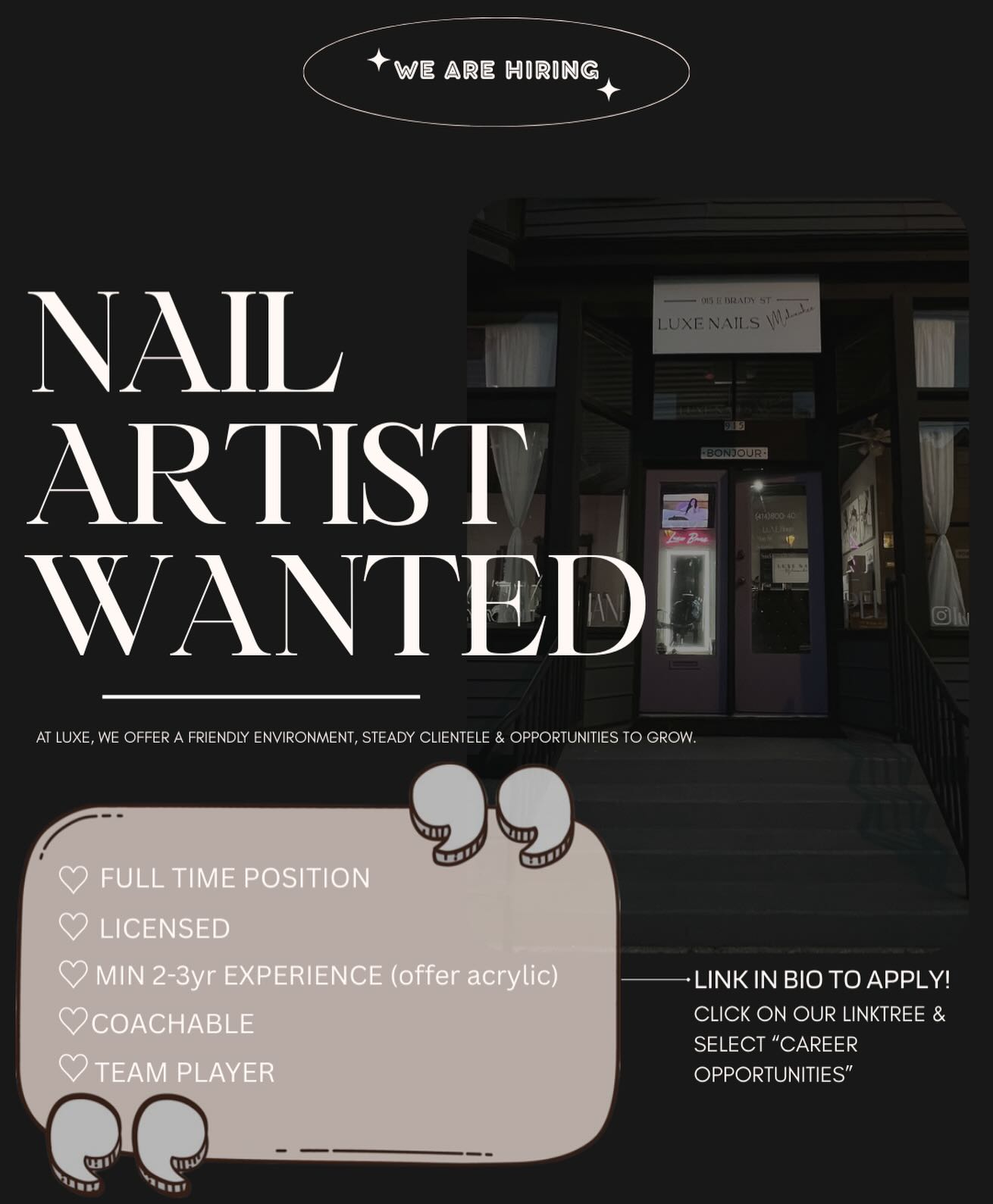 ✨ NOW HIRING ✨
We are looking for talented nail technicians to join our team 💅
Friendly, licensed, and ready to create beautiful sets? We’d love to meet you! Apply now using our linktree in our profile bio! And selecting “career opportunities “. We’d love to hear from you!!
#nailsalon #success #nailart #mkenails