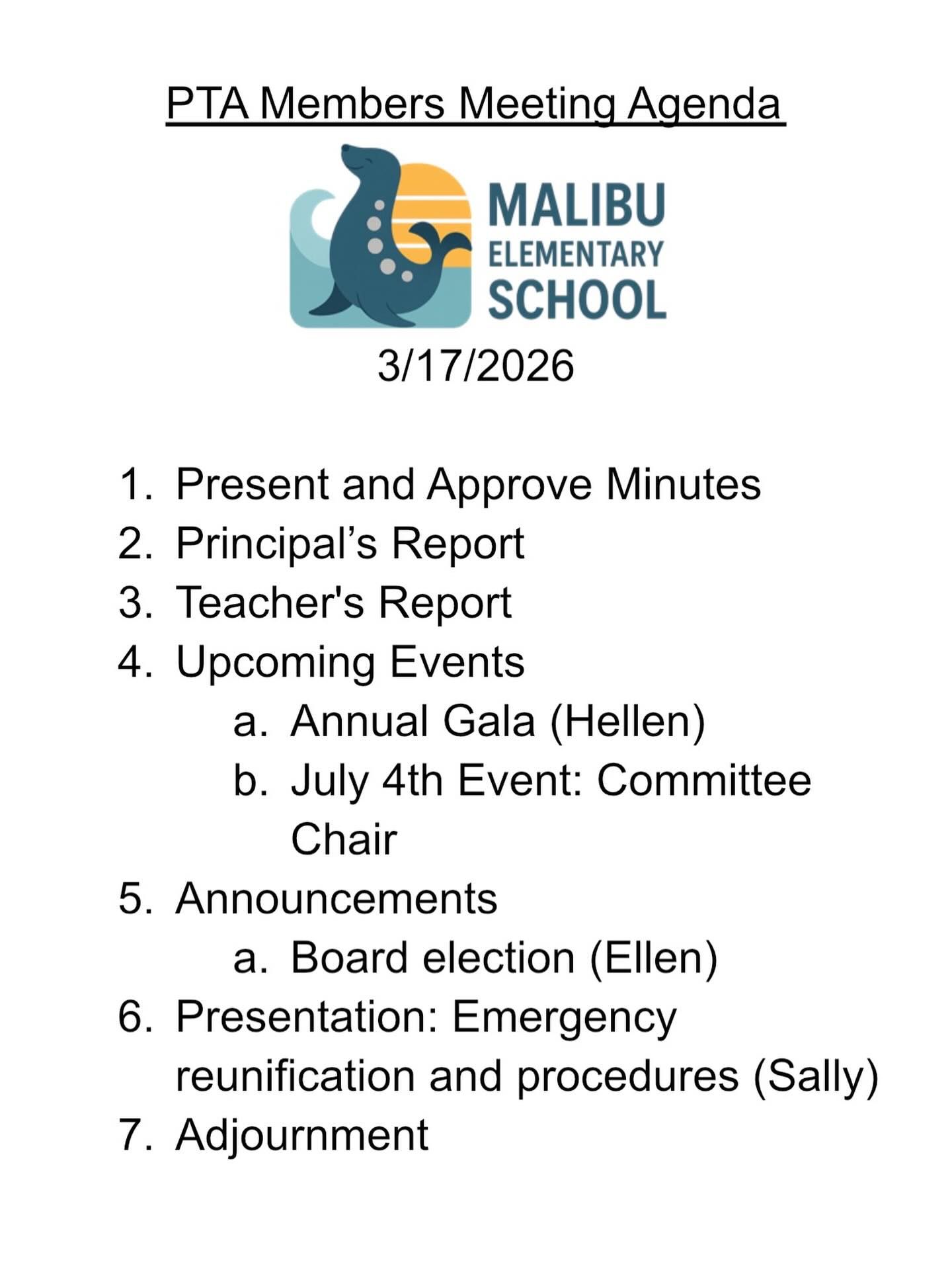 🦭Join us March 17 at 8:30 AM in the MES cafeteria for PTA elections and an important safety & emergency reunification presentation. 🧑🧒🧒🧑🧑🧒🧒🧑🧑🧒🧑🧒