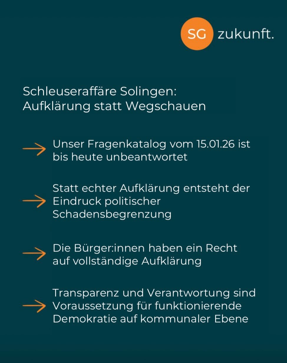 Schleuseraffäre Solingen: Aufklärung statt Wegschauen ☝️
Heute haben wir unsere Pressemitteilung zum aktuellen Stand der Schleuseraffäre in Solingen veröffentlicht.
Nach Auswertung der uns zugänglich gemachten Unterlagen bleibt für uns ein ernüchternder Eindruck:
Unser umfangreicher Fragenkatalog sowie die Bitte um Akteneinsicht sind bis heute unbeantwortet.
Gerade bei einem Vorgang, der das Vertrauen der Bürgerinnen und Bürger in Verwaltung und Politik betrifft, braucht es eine vollständige, transparente und unabhängige Aufarbeitung.
Es darf nicht nur darum gehen, zukünftige Abläufe zu verbessern, sondern auch darum, was tatsächlich passiert ist und wer dafür Verantwortung trägt. 🟠
Unsere vollständige Pressemitteilung findet ihr in den Slides 👉
#sgzukunft #solingen #transparenz #kommunalpolitik