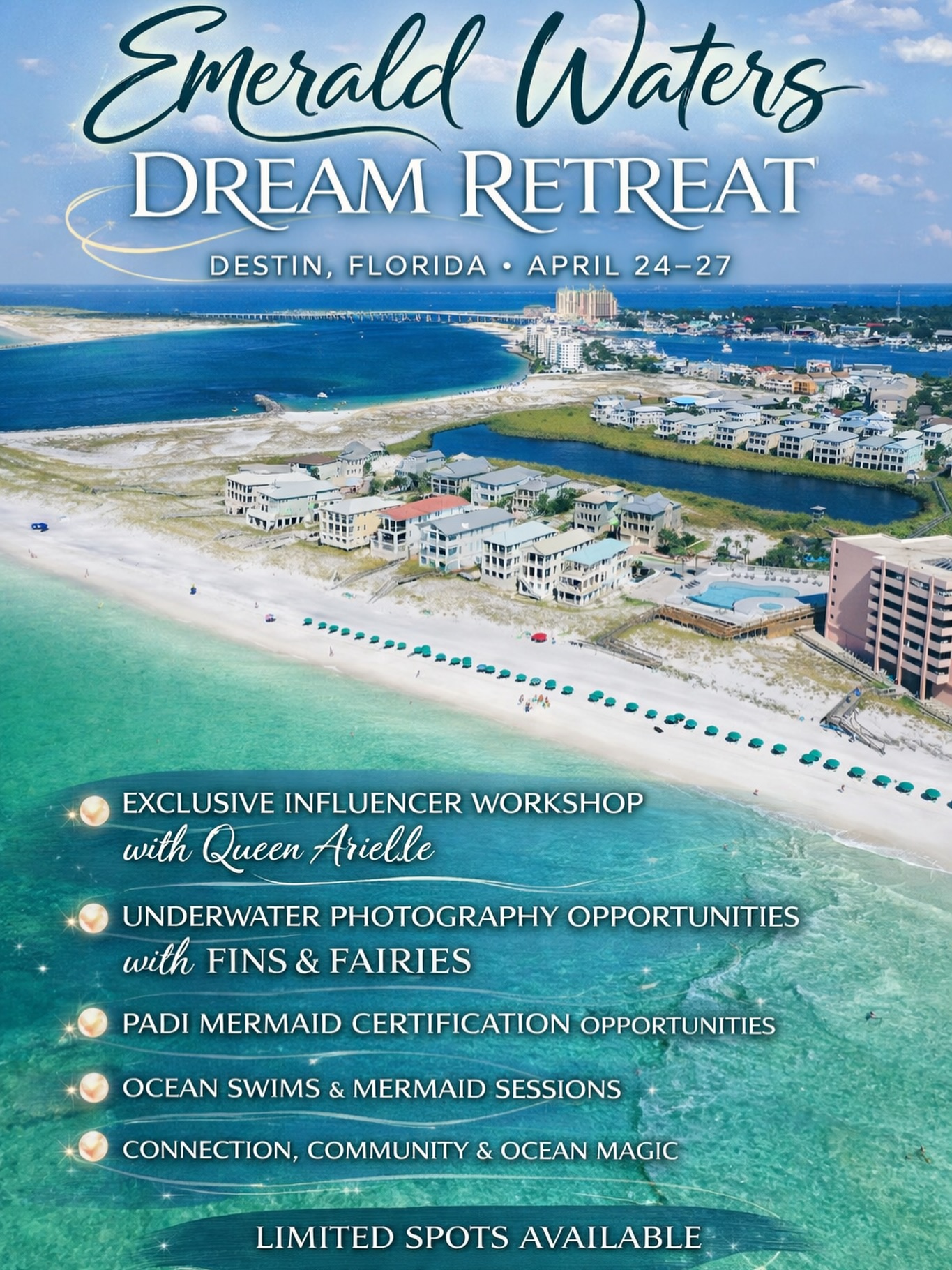 🌊🧜♀️ Emerald Waters Dream Retreat 🧜♀️🌊
📍 Destin, Florida
📅 April 24–27
Join us for a magical mermaid retreat along the stunning Emerald Coast. This immersive weekend is designed for mermaids who want to swim, connect, create, and grow together in the ocean.
Spend your days exploring beautiful turquoise waters, creating unforgettable underwater content, learning from experienced creators, and sharing ocean magic with a supportive pod of fellow mermaids.
✨ Retreat Highlights:
• Exclusive influencer workshop with @queenarielleoftherealm
• Underwater photography opportunities with @finsandfairies
• PADI Mermaid certification opportunities
• Ocean swims & mermaid sessions
• Connection, creativity, and coastal adventure
• Exclusive movement workshops with @meetmermaidelise
• Exclusive virtual workshop by @sirenas.espanolas
This retreat is intentionally kept small and intimate to create a meaningful experience for everyone attending.
💫 Limited spots available
Learn more & reserve your spot:
🌐 sirensynergy.com