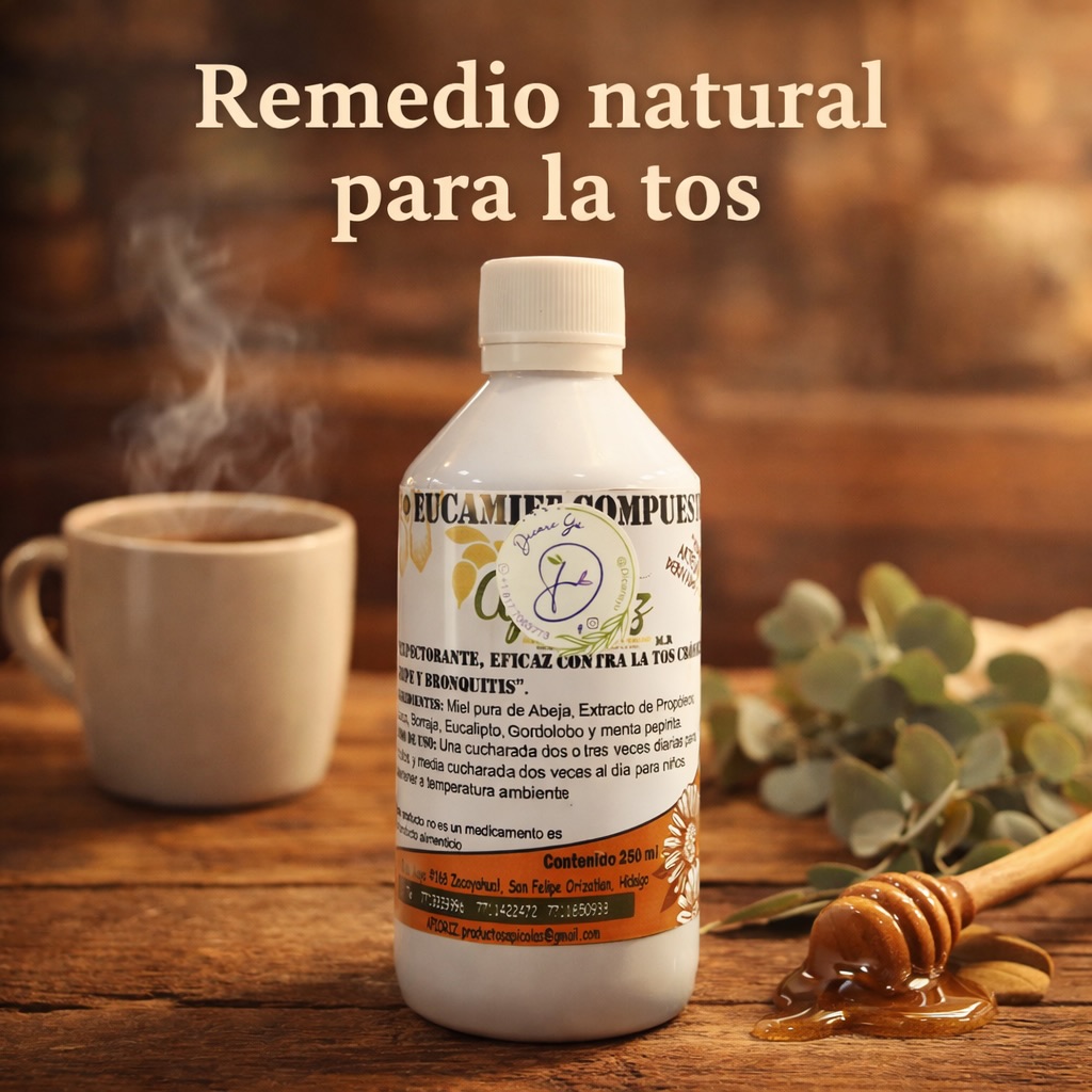 🌿 Remedio natural para la tos
Hecho con miel pura y plantas utilizadas tradicionalmente en la herbolaria mexicana.
🍯 Miel
🌿 Eucalipto
🌿 Propóleo
🌿 Gordolobo
🌿 Menta
Una alternativa natural para cuidar la garganta.
✨ Disponible ahora