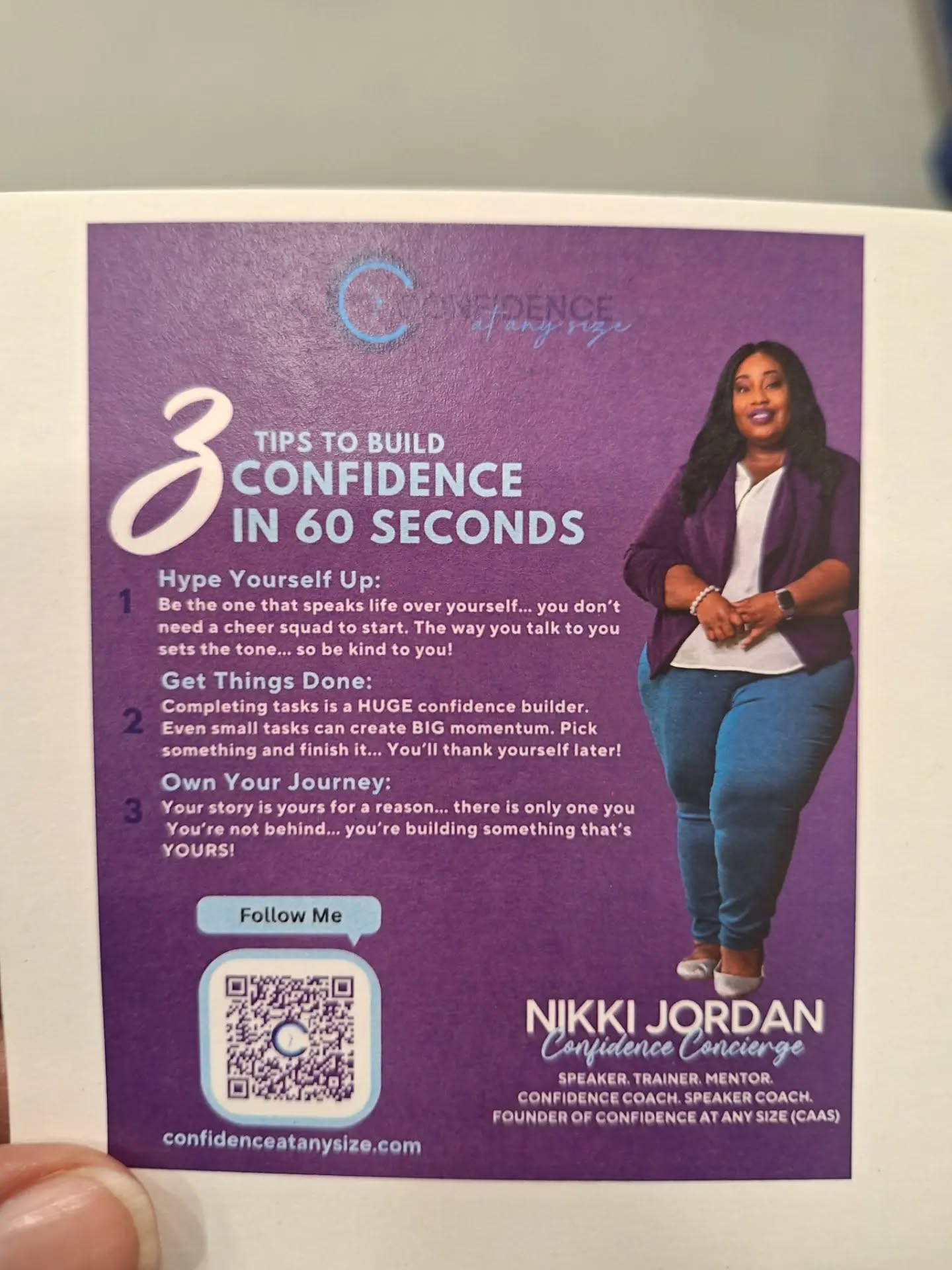I made these Confidence Cards for the recent career fair I attended. I wanted students to leave with a tangible reminder of our conversation and the work I do.
Since I believe confidence is built 60 seconds at a time, I created these cards as little 60-second confidence boosters… Because sometimes one small reminder can shift your whole moment.
Which tip is your favorite? 💜
#ConfidenceAtAnySize #Speaker #confidencein60seconds #CAAS #YouthEmpowerment