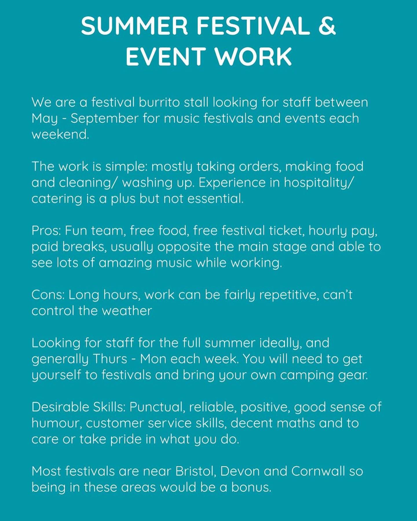 Looking for summer staff! Get in touch if you are keen to be part of a fun team at festivals this summer. Especially keen for staff local to Cornwall, Exeter and Bristol as many events in these areas.