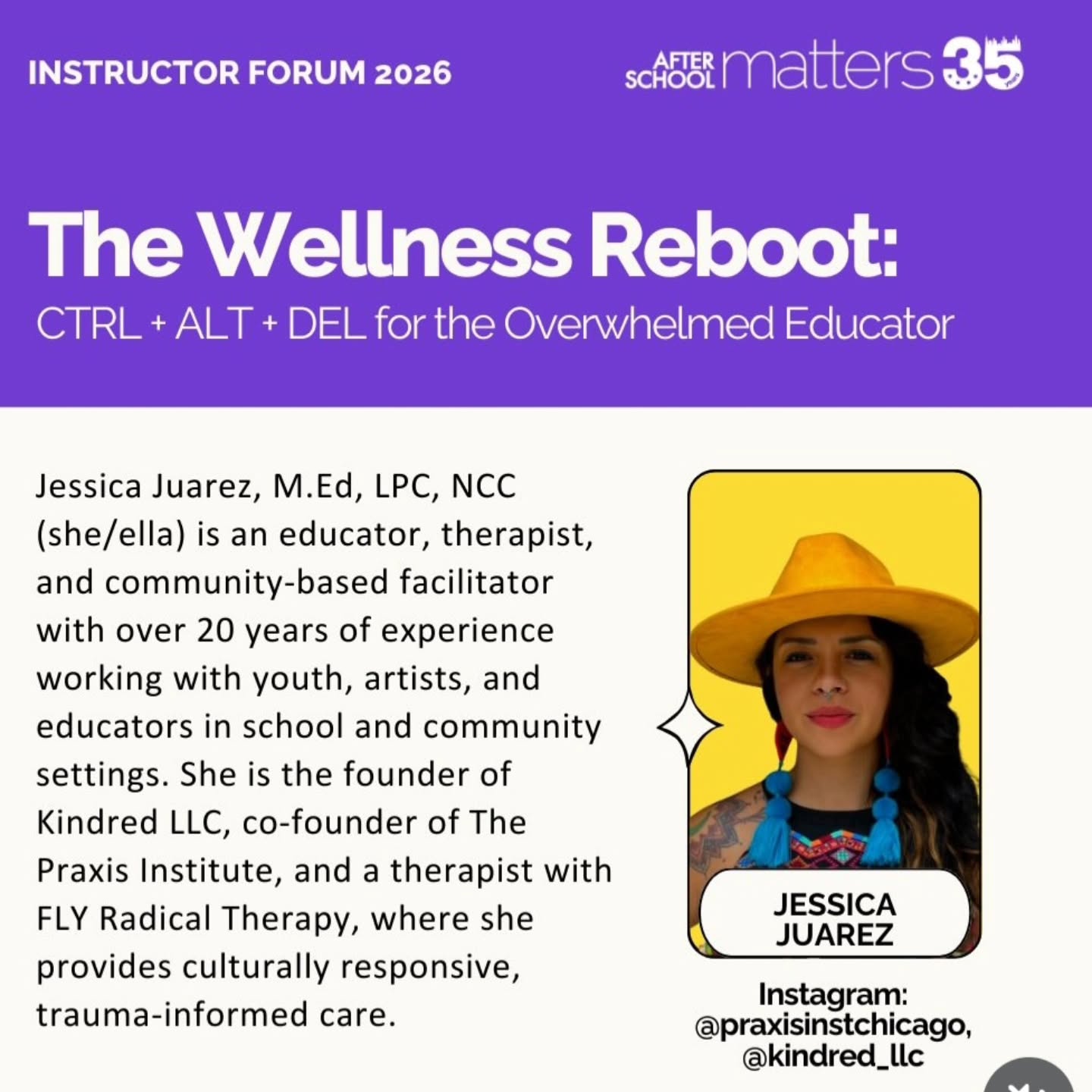 Honored to have @yaya_j_2.0 ((co-founder/partner @praxisinstchicago - @kindred_llc - @flyradicaltherapy))
presenting at this year’s #AfterSchoolMatters Instructor Forum.
-
Jessica will be facilitating “The Wellness Reboot: CTRL + ALT + DEL for the Overwhelmed Educator,” a creative wellness experience designed specifically for teaching artists and educators who hold so much in their work with young people.
The session will explore how burnout shows up quietly, why self-care has deeper roots in community care and our collective capacity to endure and transform and how creativity can support nervous system regulation and sustainable wellness.
Participants will also engage in hands-on creative wellness stations including Ojo de Dios weaving, wellness reflection, aromatherapy reset, and jewelry making with intention.
Grateful to @afterschoolmatters for creating spaces that invest in the well-being of the people who support young people!
We’re proud to see this work shared alongside so many incredible educators, artists, and community leaders.
#PraxisInstitute
#KindredLLC
#criticalyouthdevelopment