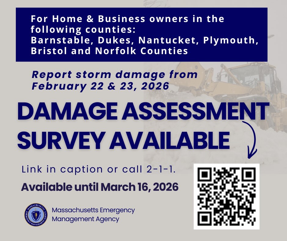 For Home & Business owners in the following counties:
Barnstable, Dukes, Nantucket, Plymouth, Bristol and Norfolk Counties
Report storm damage from February 22 & 23, 2026
#westportma