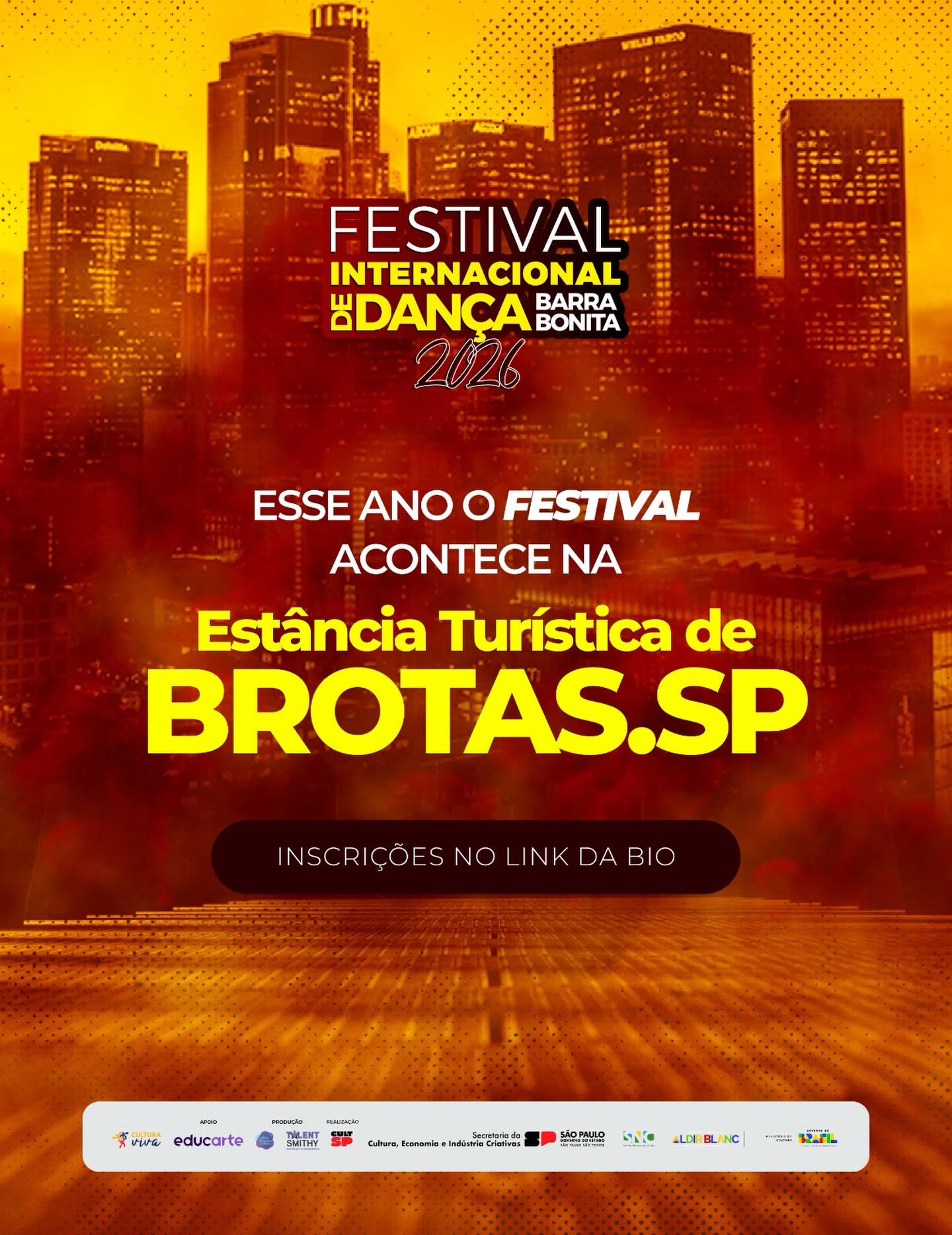 📍 Temos um novo palco para 2026!
O Festival Internacional de Dança de Barra Bonita deste ano acontecerá na Estância Turística de Brotas – SP, um destino conhecido por sua beleza, cultura e energia vibrante. ✨
E é lá que receberemos bailarinos, grupos e escolas de diversas cidades para dias intensos de dança, troca e experiências inesquecíveis.
🎭 As apresentações acontecerão no Teatro São José, um espaço preparado para receber grandes talentos no palco.
Prepare-se para viver uma edição especial do festival em um novo cenário! 💃
Fale conosco através dos nossos canais de comunicação:
📲 (84) 99155-9202 (Raissa)
📲 (14) 99722-3300
📨 festivalinterbb@gmail.com
#FestivalDeDança #BrotasSP #DançaNoPalco #FestivalInternacionalDeDança #DançaBrasil ✨