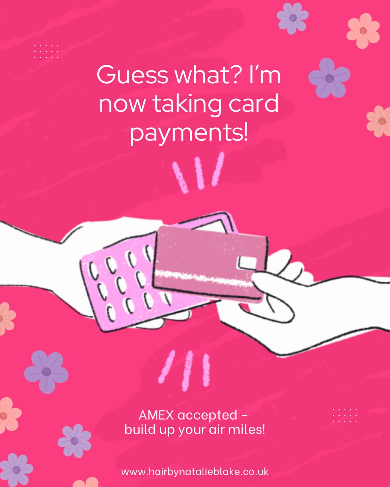 Contactless, card & cash payments only from 24th March 🫶🌼💕
Bank transfers also available for bridal parties 🌸 👰
Thank you for your support! Xx