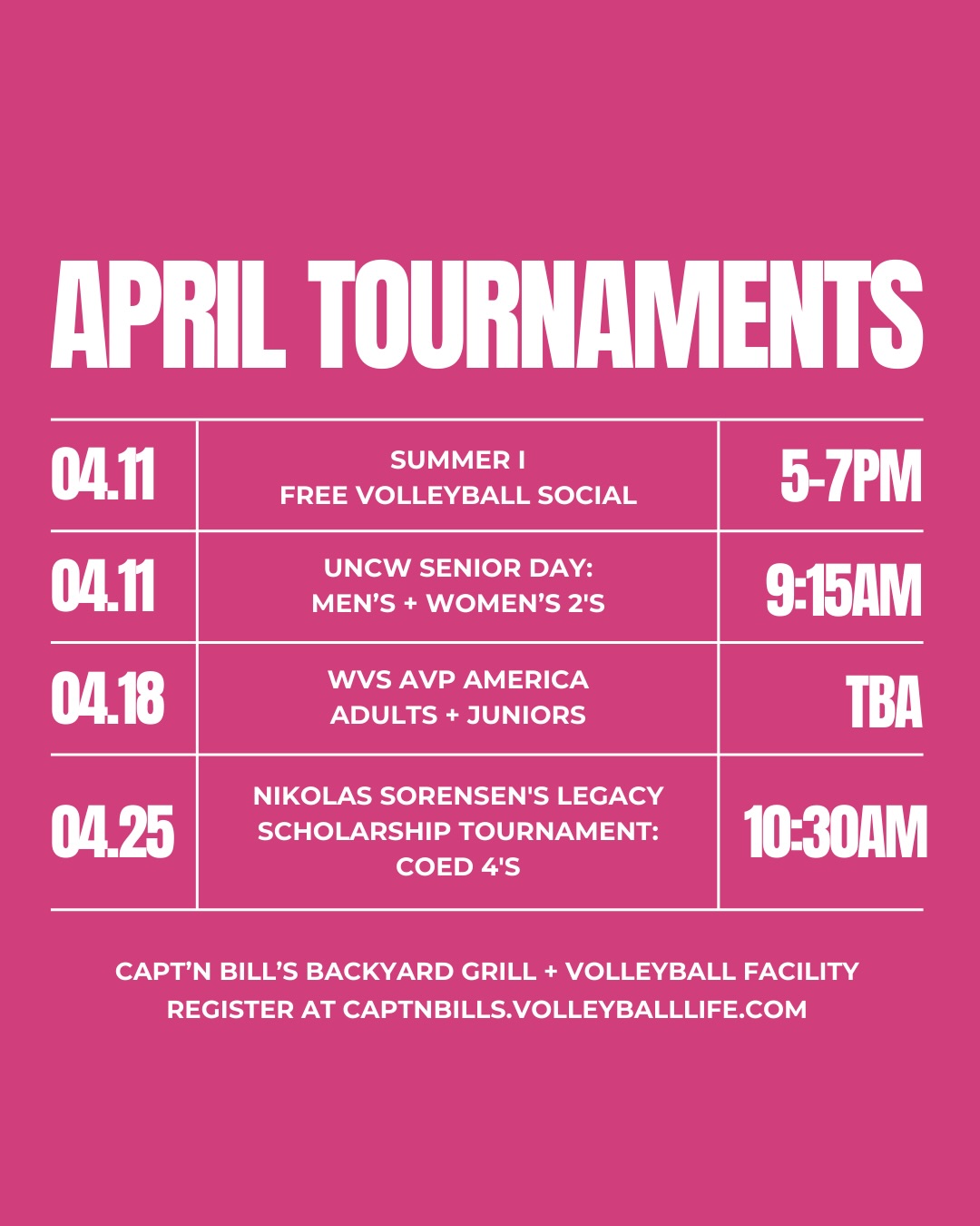 You know the drill... 👀
𝗔𝗣𝗥𝗜𝗟 𝗧𝗢𝗨𝗥𝗡𝗔𝗠𝗘𝗡𝗧𝗦
04.11 | FREE Summer I Volleyball Social | 5 - 7pm
04.11 | Cash 4's | check-in time TBD
04.18 | WVS AVP America: Adults + Juniors | TBA
04.25 | The Nikolas Sorensen’s Legacy Scholarship Tournament: Coed 4’s | 10:30am
Register today using the link in our bio!
#SeeYouAtBills #WeekendTournament #BeachVolleyball #Volleyball