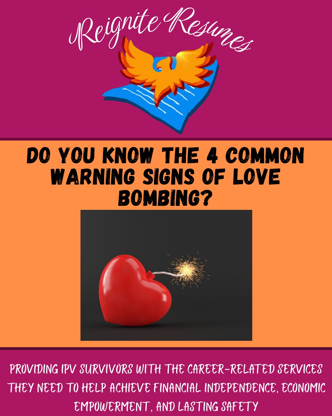 Do you know what love bombing is, the role it plays in IPV, and the most common warning signs?
Check out our post to learn more about how to spot the top 4 red flags.
#reigniteresumes #npo #nonprofit #youthled #femaleled #resume #resumes #recruitment #domesticviolence #ipv #youthleaders #youthleadership #jobs #careers #employment #lovebombing