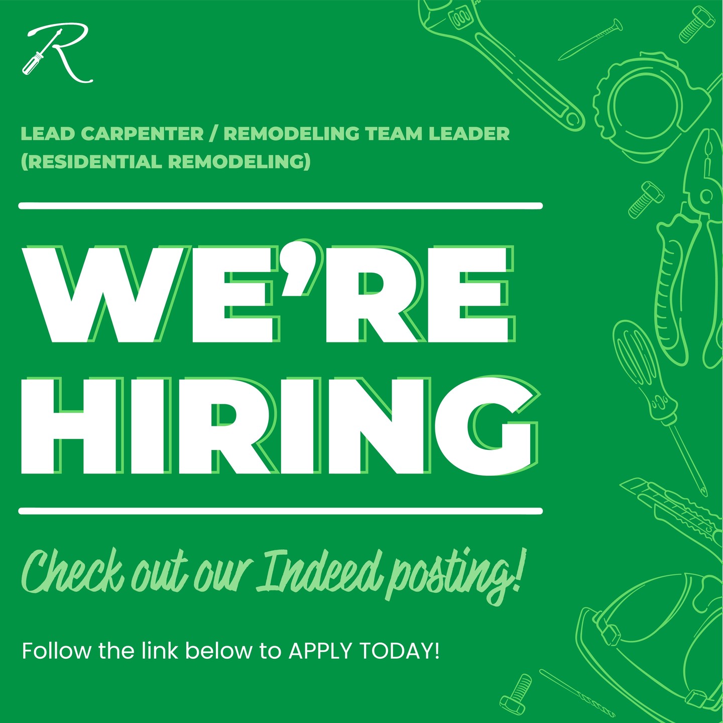 ๐จ WEโRE HIRING ๐จ
๐จ Lead Carpenter / Remodeling Team Leader
Ready to lead remodel projects and build amazing spaces? We want you on our team!
๐ Click the link below to Apply today โฌ
https://www.indeed.com/job/lead-carpenter-remodeling-team-leader-residential-remodeling-4e11314d9f0eb889
-
๐ฒ (304) 908-3009
๐ป rylynnremodeling.com
โ๏ธ rylynnremodeling@gmail.com
๐3218 Teays Valley Rd, Hurricane, WV 25526
#NowHiring #PutnamWV #HomeImprovement #NowHiringWV #GeneralContractor