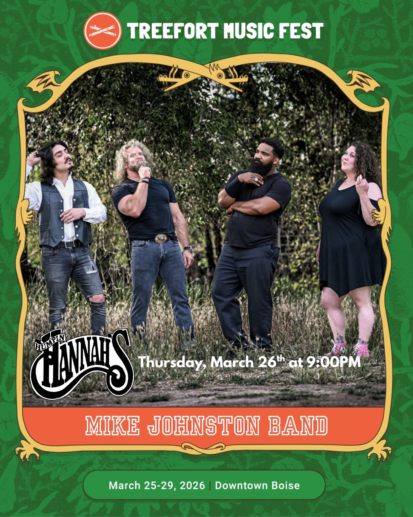 Under two weeks until @treefortfest 2026! We @mikejohnstonband are super excited for our first appearance @humpinhannahsboise on Thursday, March 26th at 9:00 PM. ***Tickets will be available at the door for $20!*** (The music starts at 7:00 and rolls until late!) We @mikejohnston_music, @olivia___bree, @benji_nil and @chiefblue_official have a killer set dialed in and ready to go, so please join us for some American Rock! #treefort2026 #originalmusic #mikejohnstonband #boisemusicscene #americanrock Thanks to @aura_studios.idaho for the fabulous rock star styling and @12thfretmusic for all the premium music gear.