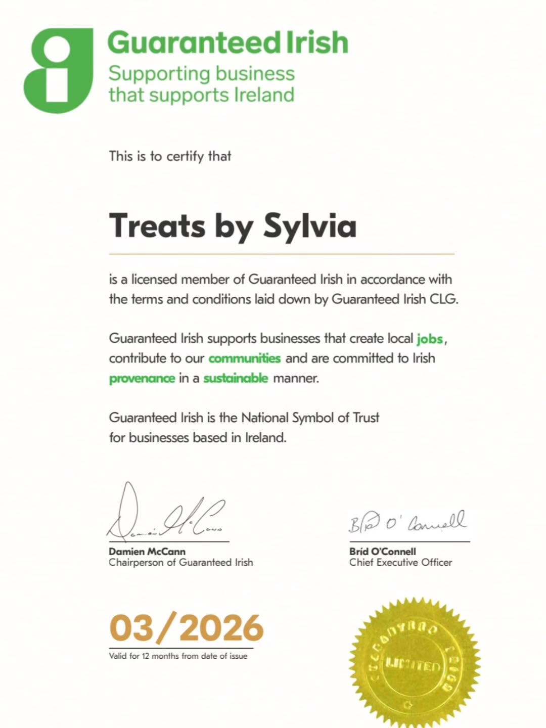 Proud to be a Guaranteed Irish Member @guaranteed_irl 😁♻️💚🍃✅️
#sustainable #GuaranteedIrishMonth #irishbusiness #supportinglocalbusiness #treatsbysylvia