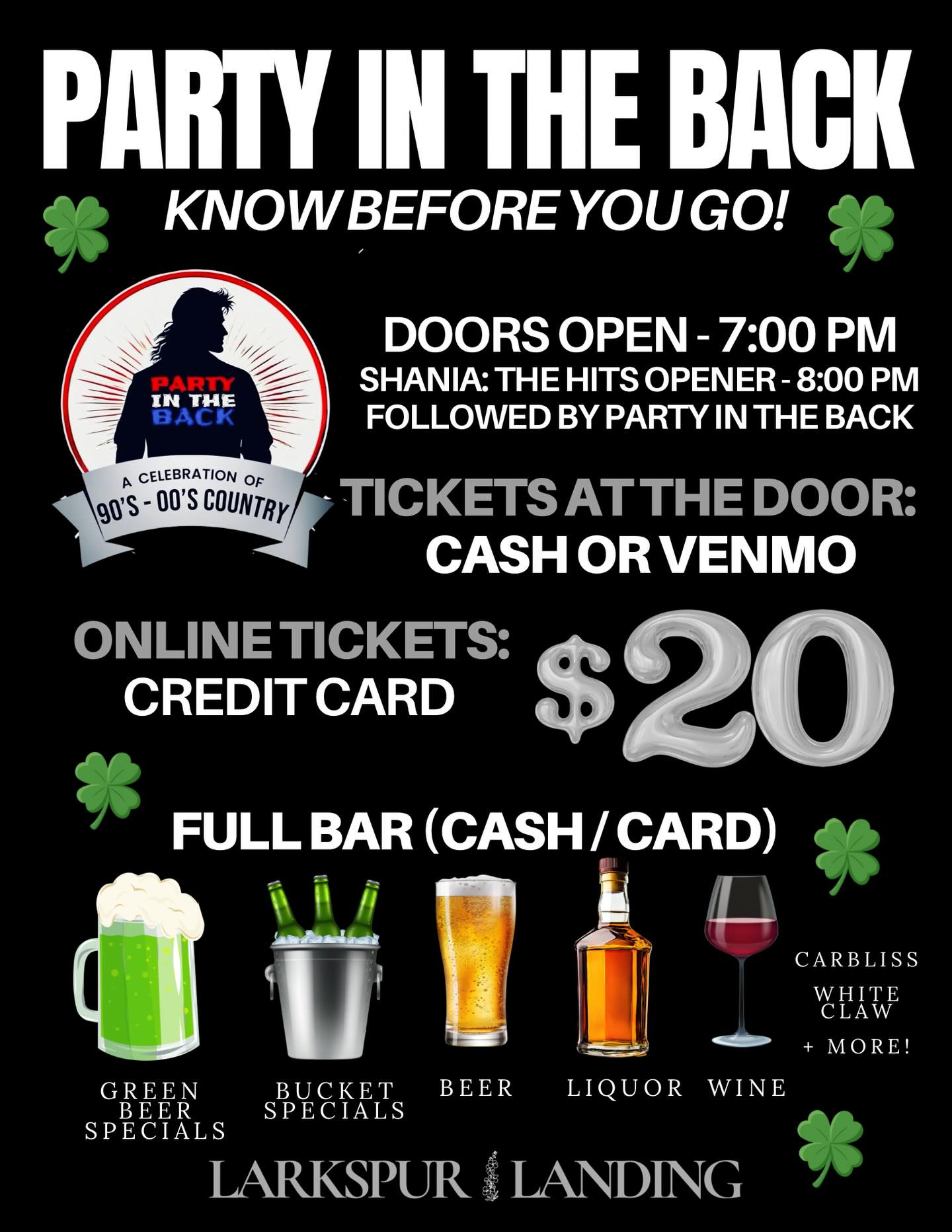 It’s finally here! Grab your friends, throw on a little green, and get ready for an incredible night of country hits and St. Patrick’s Day fun with Slamabama at Larkspur Landing!!
Doors Open: 7:00 PM
🎤 Shania: The Hits (Opener): 8:00 PM
🎶 Party in the Back to Follow
GA Tickets:
• $20 Online (Credit Card)
• $20 at the Door (Cash or Venmo)
🍻 Full Bar Available
Featuring:
• Green Beer Specials
• Bucket Specials
• Beer, Liquor, Wine
• Carbliss, White Claw & more
Bring your crew and come sing along to all the 90s & 00s country, pop, & rock favorites. It’s going to be a packed house and a great night at Larkspur! Don’t miss out!