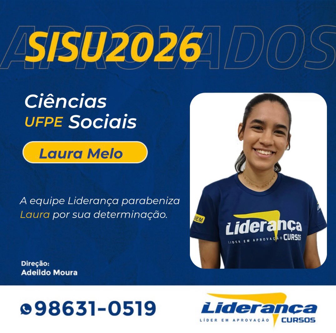Parabéns Laura 👏
Sua aprovação é um reflexo de todo o seu empenho e dedicação durante o ano de 2025! 🙌
Torcemos muito pelo o seu sucesso 🙏🏻
Você é um exemplo! 🫶🏻