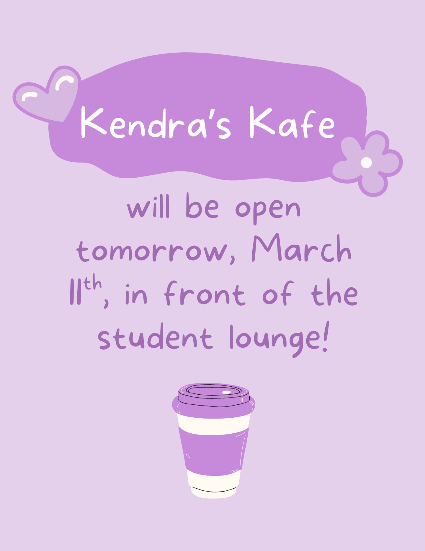 We are happy to announce that Kendra's Kafe will be open tomorrow at flex, and that we have a new item: an Iced Matcha Latte! We hope to see you there!
