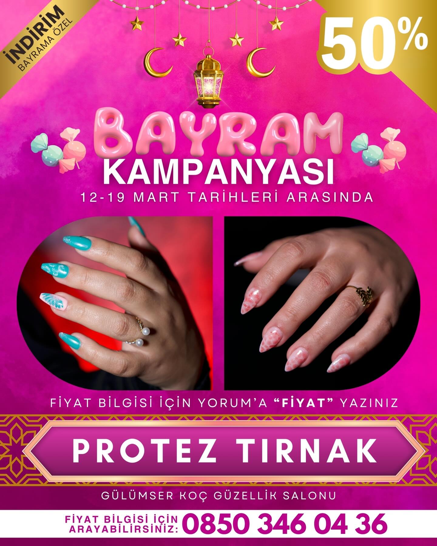🍬 BAYRAM’A ÖZEL %50 İNDİRİM KAMPANYAMIZ BAŞLADI 🎉🎁
PROTEZ TIRNAK İŞLEMİ %50 İNDİRİMDE 💕
FİYAT BİLGİSİ İCİN YORUMA “FİYAT” YAZINIZ.
KAMPANYAMIZ 12-19 MART TARİHLERİ ARASINDADIR 📅
BÜYÜK KAMPANYAYI KAÇIRMAMASI İÇİN BU GÖNDERİYİ ARKADAŞINA GÖNDER ✅
GÜLÜMSER KOÇ GÜZELLİK SALONU
0850 346 0 436
