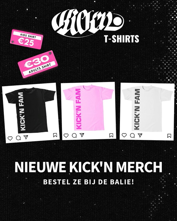 🔥 NIEUWE KICK’N T-SHIRTS 🔥
Onze nieuwe Kick’n shirts zijn binnen en ze zijn zó leuk!! Perfect voor in de les, op wedstrijden of gewoon om te chillen in Kick’n style.
.
We hebben ze in kids & adults maten en je kunt hem extra persoonlijk maken met je eigen naam op de achterkant💥💥
.
Prijs:
Kids – €25
Adults – €30
Naam op de achterkant + €7
Bestellen kan bij de balie.
.
#kicknstudios #dancewear #zoetermeer #kicknfam #customwear
