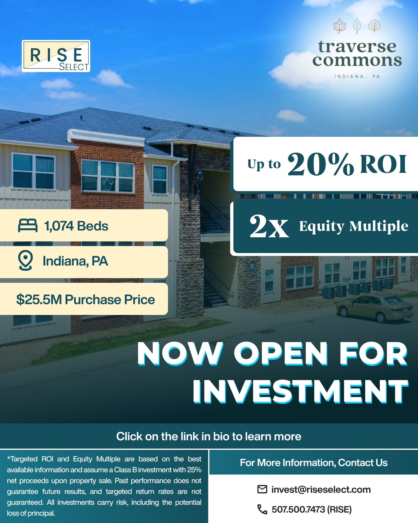 Now Open for Investment: Traverse Commons
Introducing Traverse Commons, located in Indiana, PA—a promising student housing investment opportunity. Secure your spot in this opportunity.
Opportunity Highlights:
• 1,074 Beds
• $25.5M Purchase Price
• Up to 20% Targeted ROI
• 2x Equity Multiple
Call us: (507) 500-7473
Email: invest@riseselect.com
Click the link in bio to learn more.
#investwithrise #studenthousinginvestment #passiveinvesting #traversecommons #riseselect