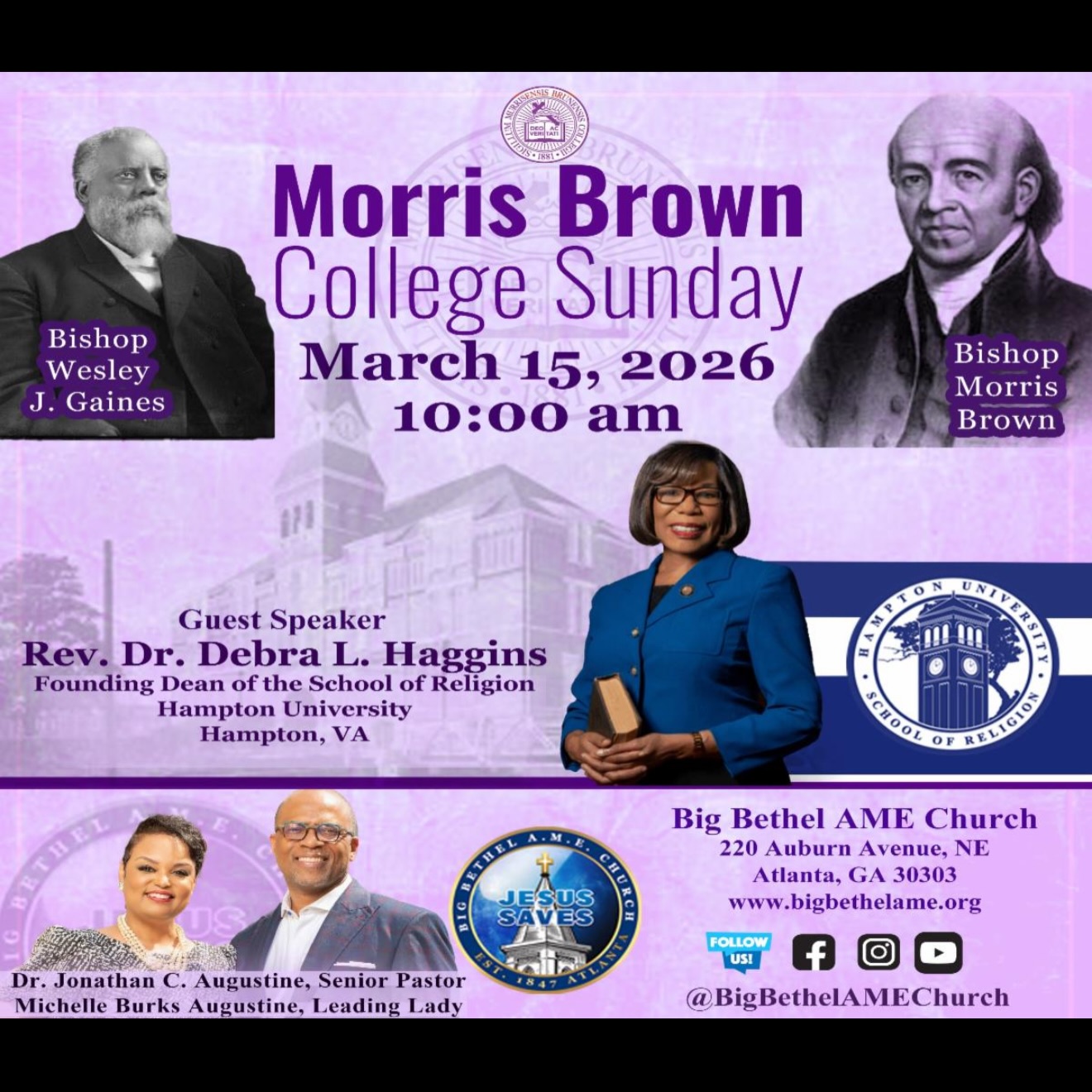 You’re invited to worship with us this Sunday as we celebrate the legacy and impact of Morris Brown College, one of Atlanta’s historic institutions rooted in faith, excellence, and community.
We are honored to welcome Rev. Dr. Debra L. Haggins, Founding Dean of the School of Religion at Hampton University School of Religion, as our guest speaker for this special service.
After worship, stay and serve the community with us through our Community Food Giveaway! 1:00 PM – 4:00 PM (or while supplies last) in Big Bethel’s parking lot.
Open to everyone!
Come for worship, fellowship, and an opportunity to bless our community together. 💜
#BigBethelAME #JesusSaves #MorrisBrownCollege #FaithInAction
