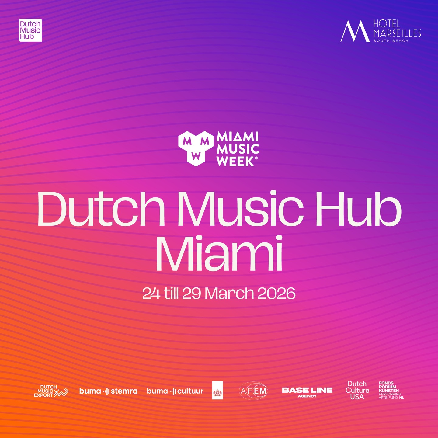 Heading to Miami for Miami Music Week? Make sure to be part of the Dutch Music Hub.
From March 24-29, we're bringing together Dutch artists, industry leaders and global partners under one roof.
Join us for:
The Breakfast Club
Thu 26 March | 10-12 PM | DOYA, Wynwood
Curated breakfast for leaders in electronic music
Powered by @bumastemra & AFEM
🎾 Dutch Padel Open
Fri 27 March | 10 AM-2 PM | Reserve Padel, Miami Seaplane
Exclusive industry padel tournament
More info and apply as member: @dutchmusichub
This program is supported by @dutchcultureusa , a program of the Kingdom of the Netherlands in the United States.
#DutchMusicHub #MiamiMusicWeek #MMW2026 #DutchMusic #MusicIndustry #Networking #DutchMusicExport