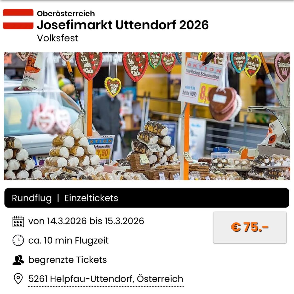 🚁 Lust auf einen Rundflug?
Hebe mit uns ab – dieses Wochenende beim Josefimarkt in Helpfau-Uttendorf!
Infos & Anmeldung:
📞 0660 569 5005
✉️ fly@helifly.at
🌐 https://www.helifly.at/event/josefimarkt-uttendorf-26
#josefimarkt #uttendorf #helpfau