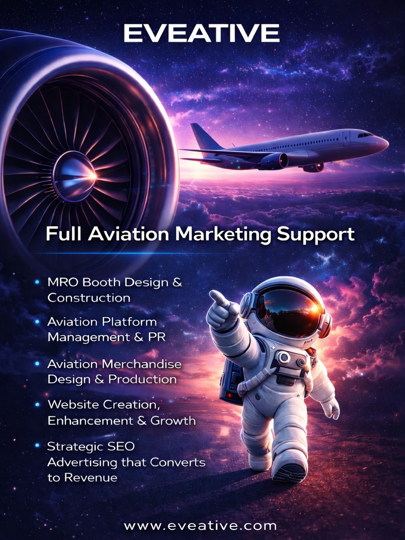 Performance that keeps aviation moving 🚀
✈️ MRO Booth Design & Construction
📣 Aviation Platform Management & PR
🧢 Aviation Merchandise Design & Production
🌐 Website Creation, Enhancement & Growth
📈 Strategic SEO & Advertising that Converts to Revenue
📱 Full Aviation Social Media Strategy & Management
Elevate your aviation brand with marketing built specifically for the industry.
🌍 www.eveative.com
#AviationMarketing #AviationIndustry #AviationBusiness #AviationPR #MRO