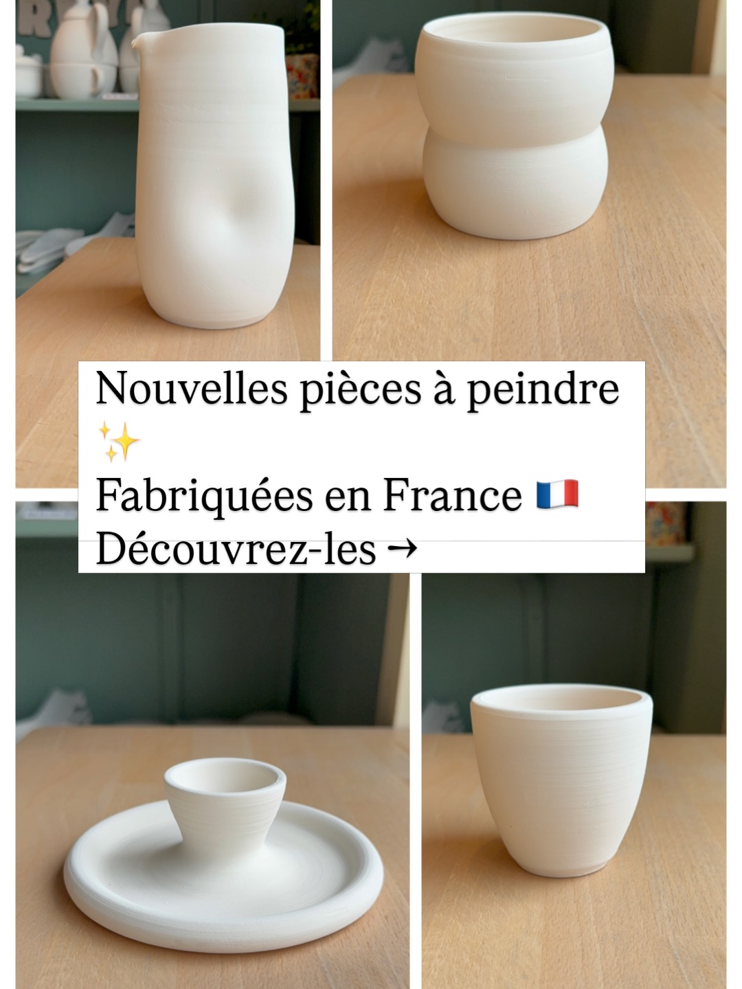 ✨ De nouvelles pièces sont arrivées à l’atelier !
Elles sont toutes fabriquées en France et prêtes à être personnalisées par vous.
Tasse, pichet, coquetier… il y a de très jolies formes pour laisser parler votre créativité.
Passez à l’atelier quand vous voulez pour les découvrir et les peindre 🎨