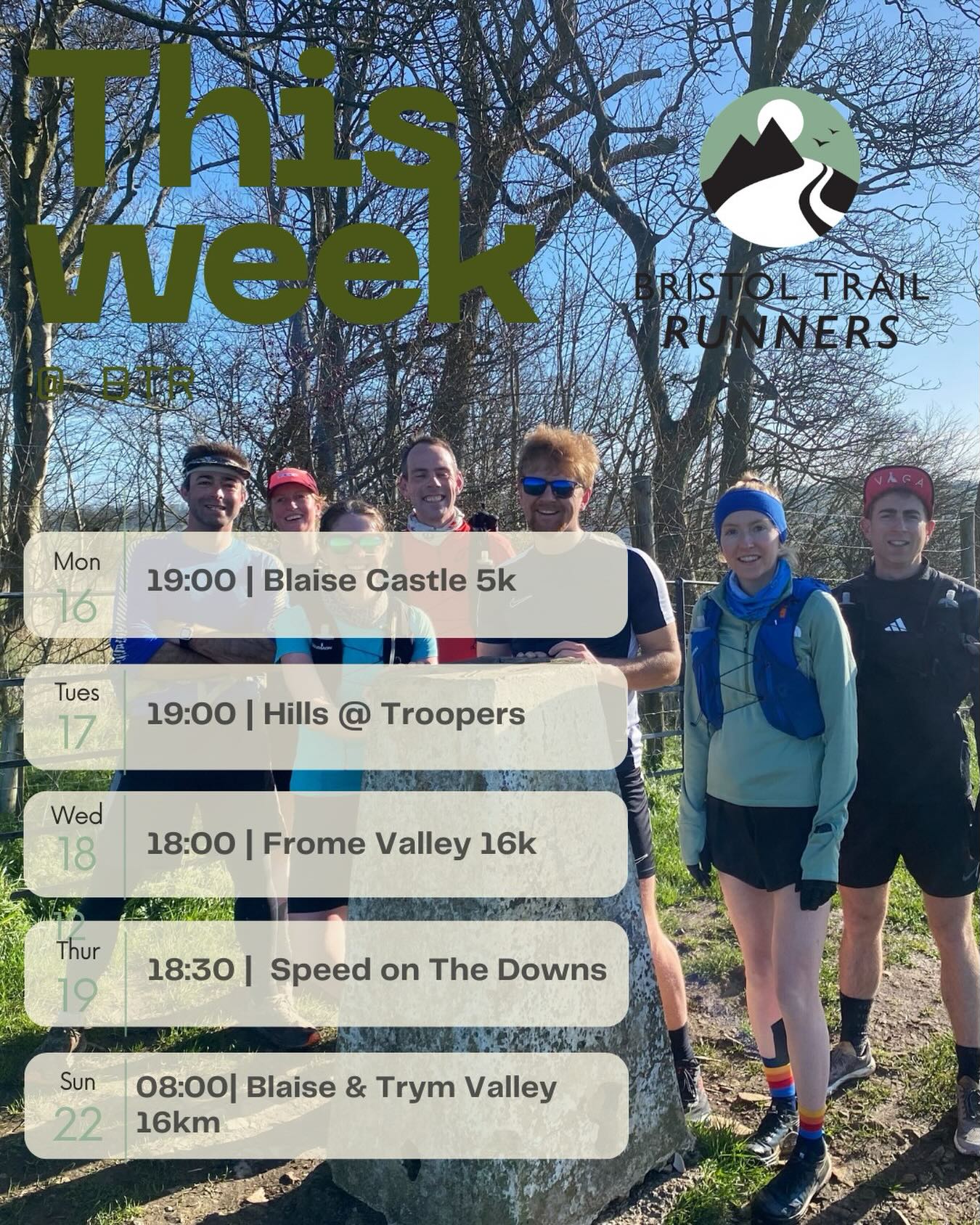 What’s happening this week
🏞️ Mon 16 Mar – 19:00 | Blaise Castle 5-ish K
A relaxed loop around the Blaise trails to ease into the week. Social pace, plenty of regrouping and a good chance to shake out the legs.
🔥 Tues 17 Mar – 19:00 | Hills at Troopers Hill
Our classic Troopers Hill session. Short, punchy climbs and flowing descents with plenty of encouragement from the group. A proper midweek lung opener.
🌿 Weds 18 Mar – 18:00 | Frome Valley 16K
Steady trail miles through the valley as the evenings get lighter. A sociable midweek longer run with plenty of regrouping along the way.
💨 Thurs 19 Mar – 18:30 | Speed & Technique on the Downs
Coached trail-focused speed session working on form, efficiency and quick feet. Then straight into Fake Friday at the pub afterwards.
🏔️ Sun 22 Mar – 08:00 | Blaise & Trym 16K
A proper Sunday trail adventure linking up the Blaise woods and Trym Valley. Expect rolling trails, a few climbs and plenty of good company.