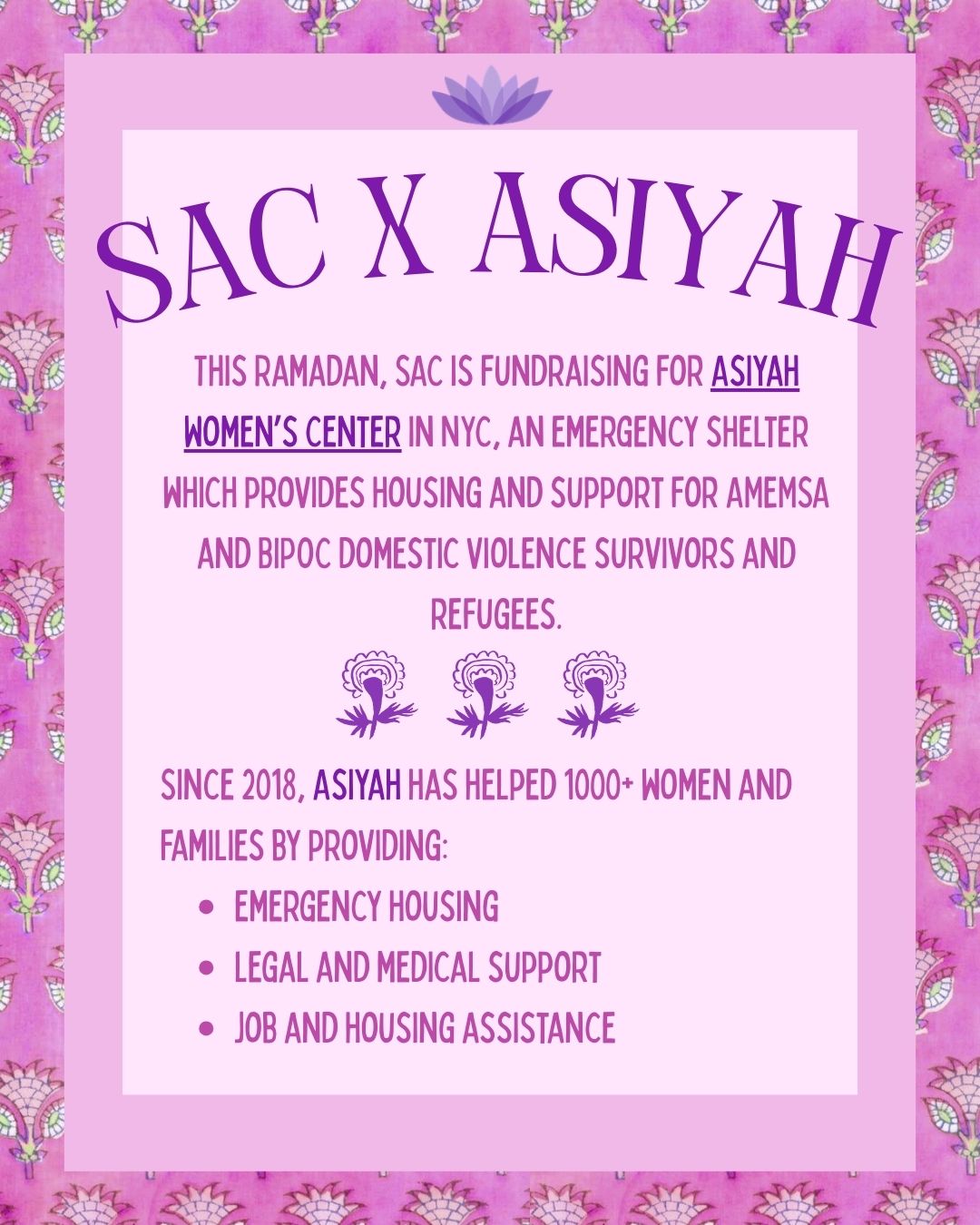 This Ramadan, SAC is fundraising for @asiyahwomenscenter in NYC, an emergency shelter which provides housing and support for AMEMSA and BIPOC domestic violence survivors and refugees.
We're encouraging everyone to support this initiative using the QR code in the post or the link in our bio.
As a small thank you to those who donate, we will be randomly selecting two supporters to receive a $50 Qawah House voucher.
Every contribution contributes to essential support for women and families!