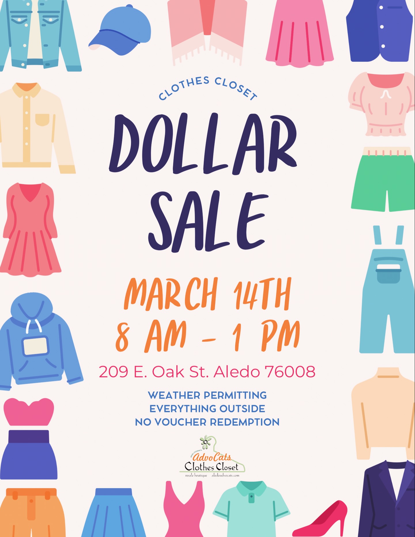 The DOLLAR SALE is here!!🧢🩳👚
This Saturday March 14th 8am-1pm
209 E Oak St in downtown Aledo
Weather permitting, everything outside! No vouchers please!
See you there💵🧡🖤
