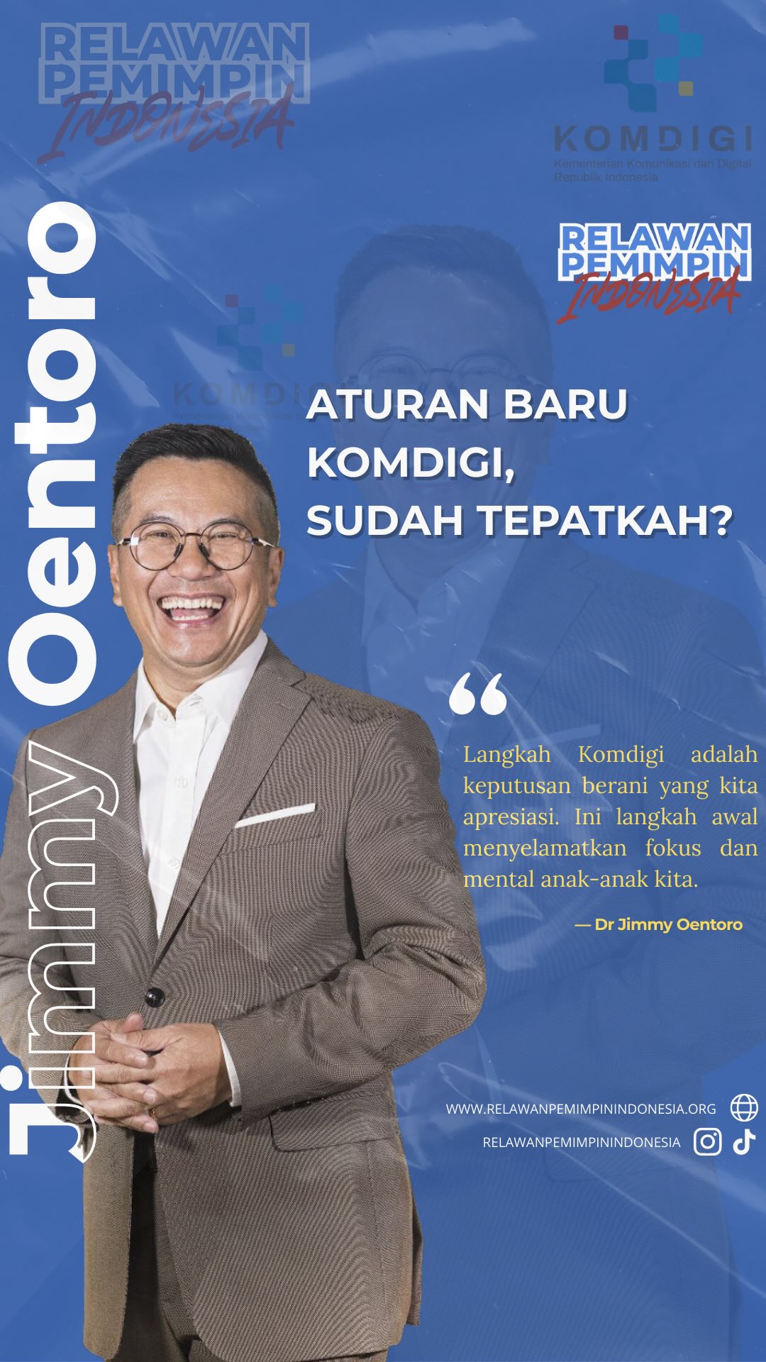 Langkah baru pemerintah membatasi akses media sosial bagi anak di bawah umur patut dirayakan sebagai pelindung masa kecil. Namun, menyelamatkan anak-anak dari layar gawai hanyalah permulaan. Di balik langkah progresif ini, ada satu celah krusial yang justru luput dari perhatian kita.
Memastikan para remaja di usia transisi tidak menjadi korban dari algoritma yang beracun adalah tantangan yang jauh lebih kompleks. Mereka kini seolah dibiarkan bertarung sendirian melawan masifnya ekosistem digital yang merusak, menyisakan sebuah “lubang besar” yang menanti jika kita lengah.
Simak pandangan lengkap Founder Relawan Pemimpin Indonesia, @jimmyoentoro , mengenai status darurat digital kita hari ini.
Menurut Anda, intervensi apa yang paling mendesak untuk segera dilakukan negara demi membersihkan ruang digital kita saat ini?
#RelawanPemimpinIndonesia #DaruratDigital #RuangDigitalSehat #PemimpinMasaDepan