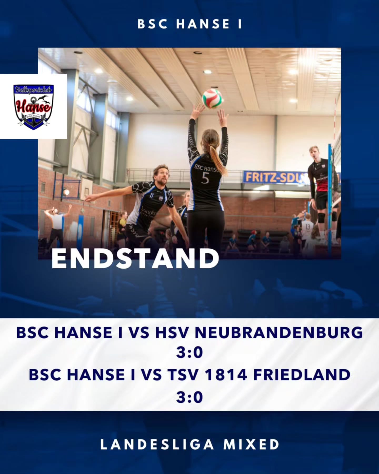+++ Punkteregen +++
Souverän wurden die beiden Spiele gegen Friedland und den HSV gewonnen. Vom Podiumsplatz trennen uns nur noch zwei Punkte.
#LLMixed #Mixedvolleyball #bschanse #volleyballingreifswald #volleyballgreifswald