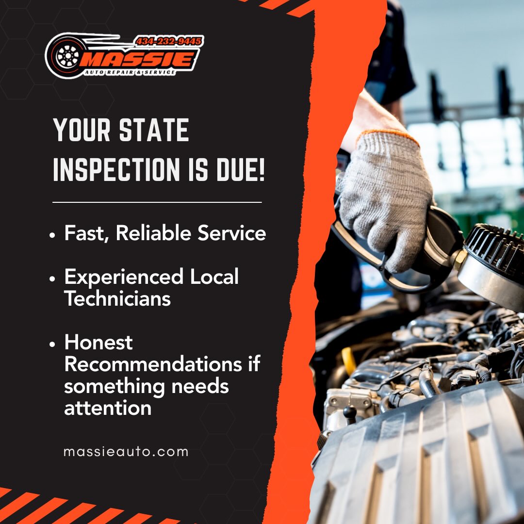 🚗 Virginia State Inspections at Massie Auto Repair & Service
If your inspection sticker is coming due, don’t wait until the last minute. Swing by Massie Auto Repair & Service and let our team take care of your Virginia State Inspection quickly and professionally.
Our technicians will check the important safety components of your vehicle to help make sure you’re safe and legal on the road.
✔ Fast, reliable service
✔ Experienced local technicians
✔ Honest recommendations if something needs attention
Stay ahead of that sticker and avoid the rush at the end of the month.
#autocare #inspection #localbusiness