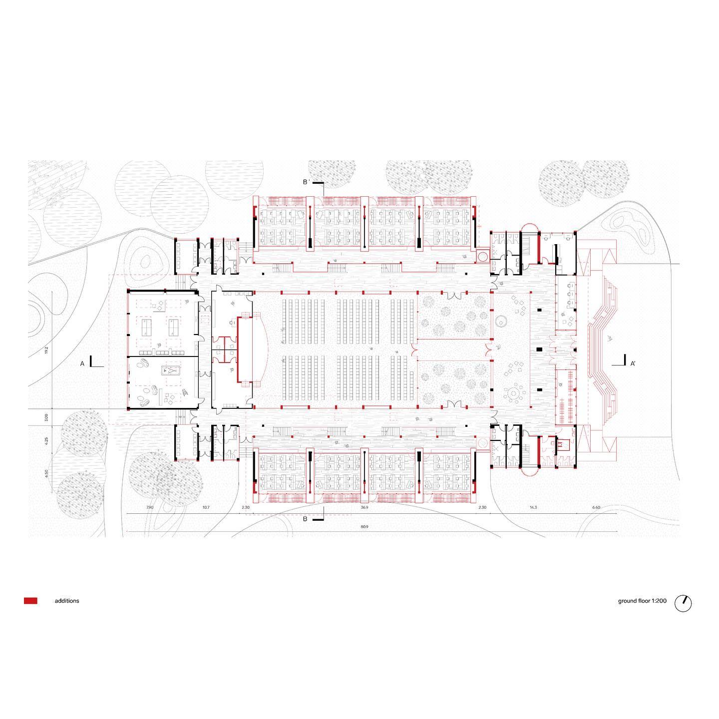 Project 2
BACK TO SCHOOL
Existing building parts in black, our interventions in red.
Priority for us was it to make the classrooms accessible for wheelchairs. We overthought the circulation corridor and pushed the classrooms with a wooden extension outward, in that way it is possible now to have a larger corridor in front of the classrooms.
Furthermore we constructed the school auditorium in centre of the building. For that we removed old storage rooms.
The classroom concept is highly inspired by Kengo Kumas School with its wall shelves.
More to come…
illustration by @questoildilemma
#architecturedaily #architectureschool #architecturegram #conceptdesign #floorplans #newarchitecture #archisource #studio #ideas #architecturalillustration #illustragram #universityarchitecture #new #floorplansofinstagram #architecturesection #studentdesign #thebestnewarchitects #instaarch #architecture_masters #architectureporn #arquitetura #arquitectura #arq #archistudent #architect #architecturemagazine #archiprix #schoolarchitecture #kengokuma