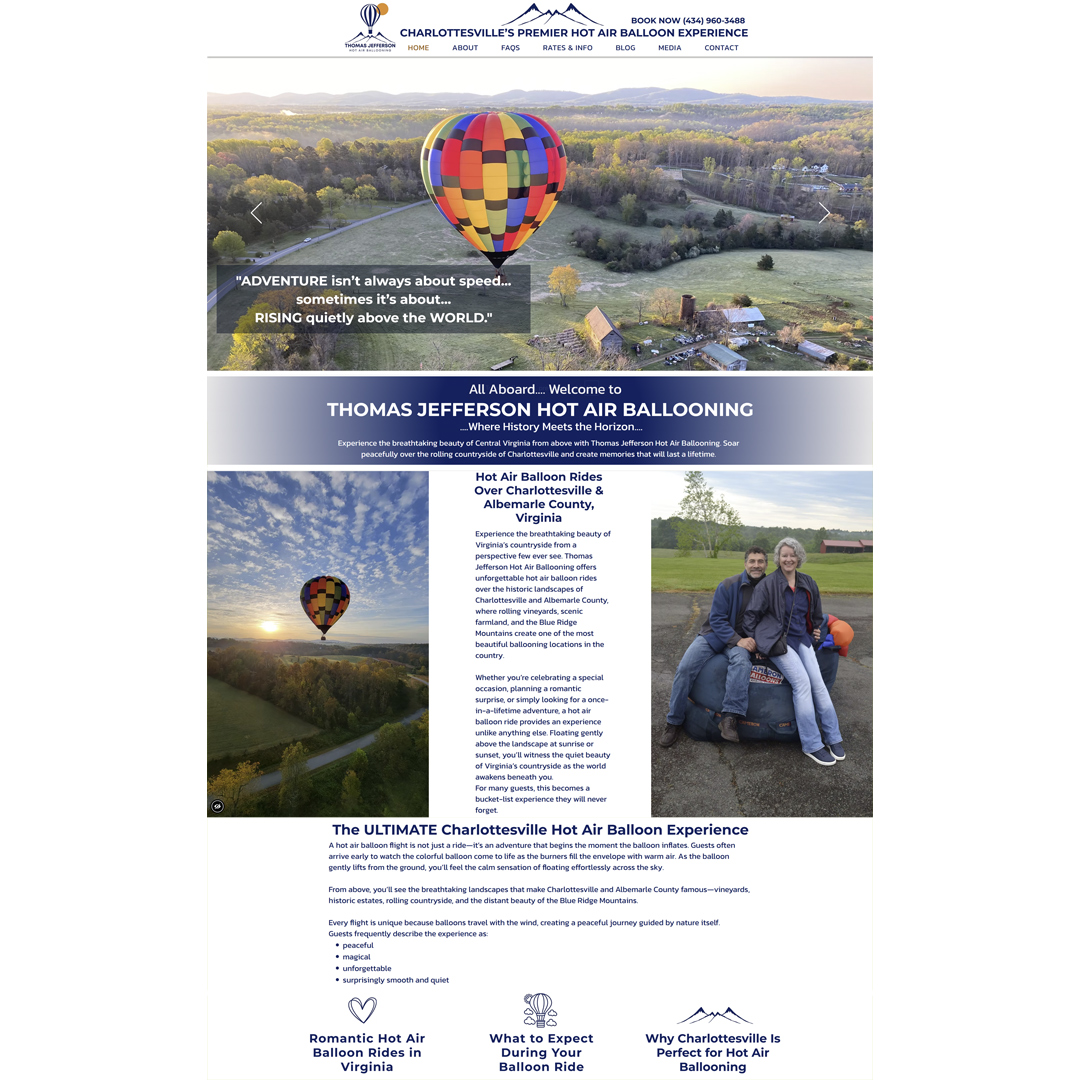 We’re thrilled to share a brand new client website launch! Petite Taway redesigned the existing website for Thomas Jefferson Hot Air Ballooning to create a more polished, user-friendly, and visually engaging online experience. From showcasing their incredible balloon rides over Central Virginia to making it easier for visitors to explore rates, FAQs, and book their adventure, this redesign helps the brand rise to new heights. Check it out: thomasjeffersonhotairballooning.com
#petitetaway #thomasjeffersonhotairballooning #charlottesvilleva