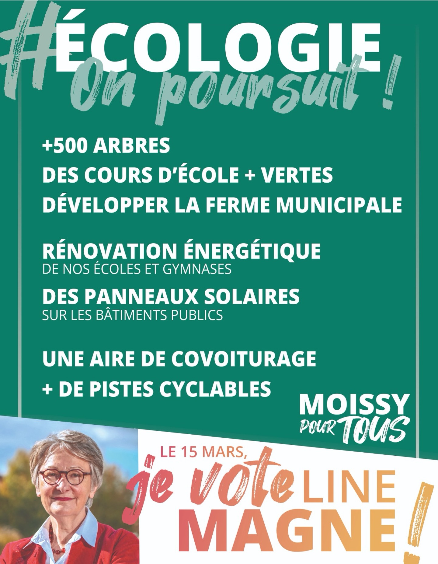 🌿 #Écologie : on poursuit !
Adapter Moissy aux défis climatiques tout en améliorant le cadre de vie : c’est le sens des actions que nous voulons poursuivre.
Planter 500 arbres supplémentaires, rendre les cours d’école plus vertes, développer la ferme municipale, poursuivre la rénovation énergétique de nos écoles et gymnases et installer des panneaux solaires sur les bâtiments publics.
Nous continuerons aussi à encourager des mobilités plus durables, avec une aire de covoiturage et davantage de pistes cyclables.
🗳️ Ce dimanche 15 mars : #JeVoteLineMagne #JeVote2