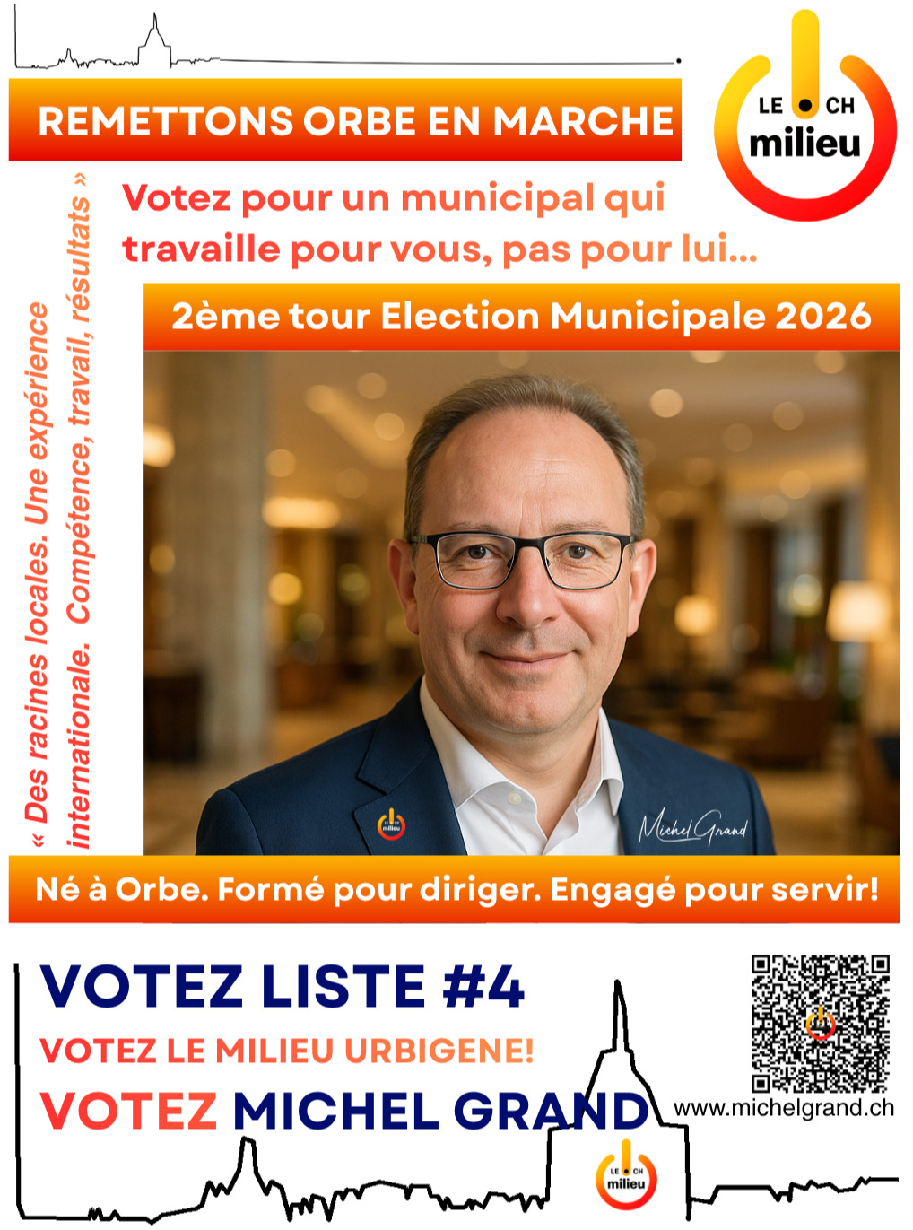 🙏 Merci à toutes celles et ceux qui nous ont soutenus.
Il y a 3 mois, nous partions de zéro.
Pas de parti installé depuis des décennies.
Pas de machine politique.
Et pourtant, nous avons réussi à présenter une liste au Conseil communal et une candidature à la Municipalité.
➡️ Pour moi, c’est déjà une grande victoire collective.
Mais l’histoire continue.
Je serai candidat au 2ᵉ tour de la Municipalité.
Parce que lorsqu’on commence quelque chose, on va jusqu’au bout.
Orbe mérite de l’action, de la compétence et du courage.
Dans ma carrière, j’ai dirigé des équipes de plus de 400 personnes, géré des budgets de plusieurs millions et créé des entreprises.
Aujourd’hui, je veux mettre cette expérience au service d’Orbe.
Il reste 4 sièges pour 6 candidats.
👉 Le choix est clair.
Si vous voulez du changement,
si vous voulez du professionnalisme,
si vous voulez des décisions et pas seulement des discours…
🗳️ Votez Michel Grand
Ensemble, remettons Orbe en marche.
#MichelGrand
#Orbe
#Orbe2026
#Municipalite
#ElectionCommunale
#PolitiqueLocale
#Engagement
#Leadership
#Action
#ChangerOrbe
#OrbeEnMarche
#ValleeDeLOrbe
#Citoyens
#SuisseLocale
#voteblue