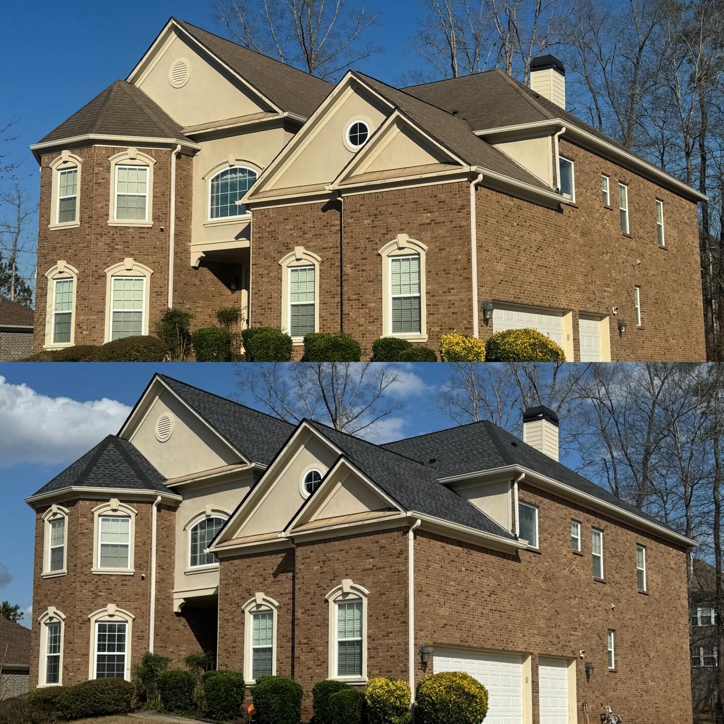 Before and after photos of a newly installed GAF Timberline Charcoal HDZ Installment
