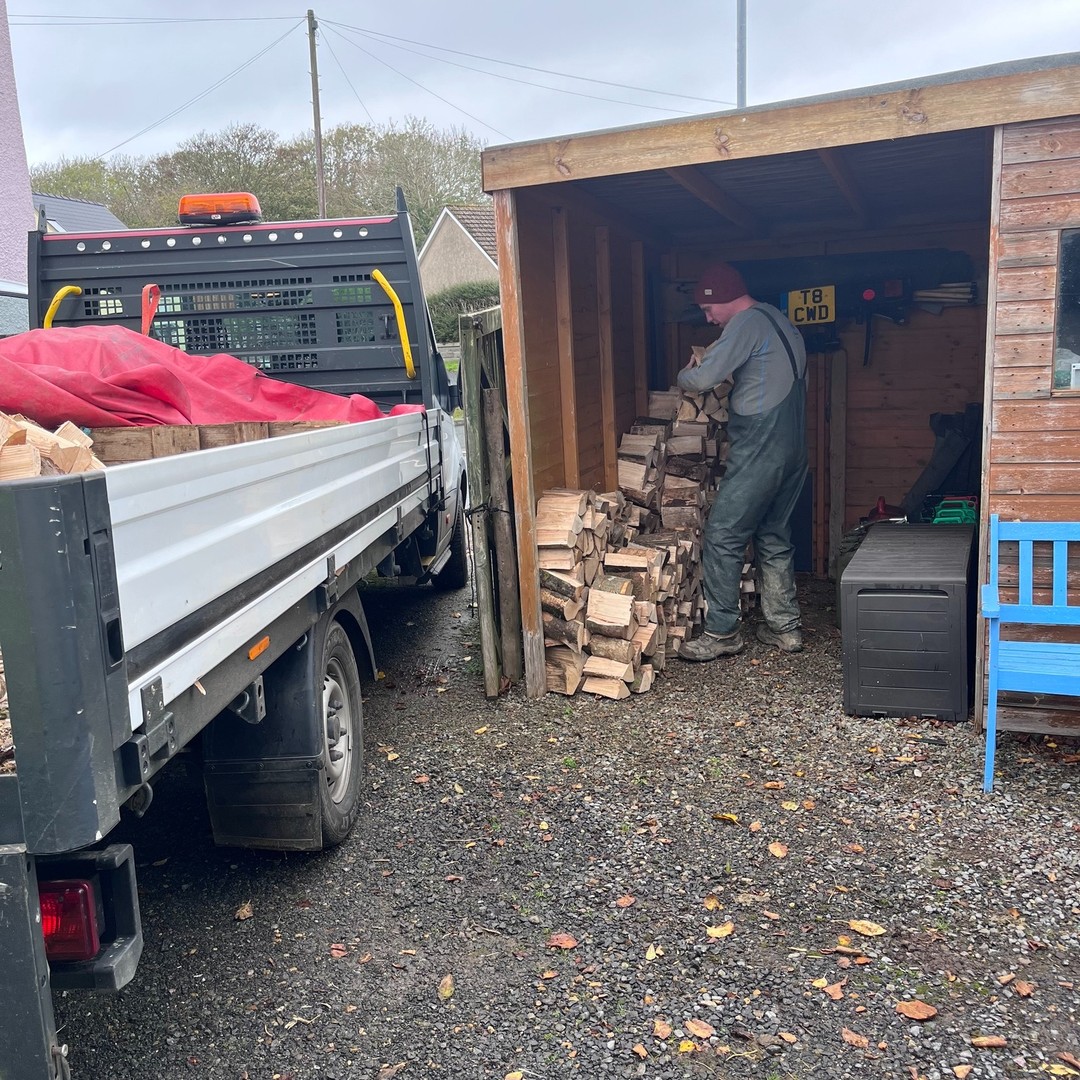 All in a day out on deliveries. John and Joe head to the far corners of the county to deliver and stack logs #pembrokeshirelogs Call us to see when we'll be delivering near you - 01348 837179