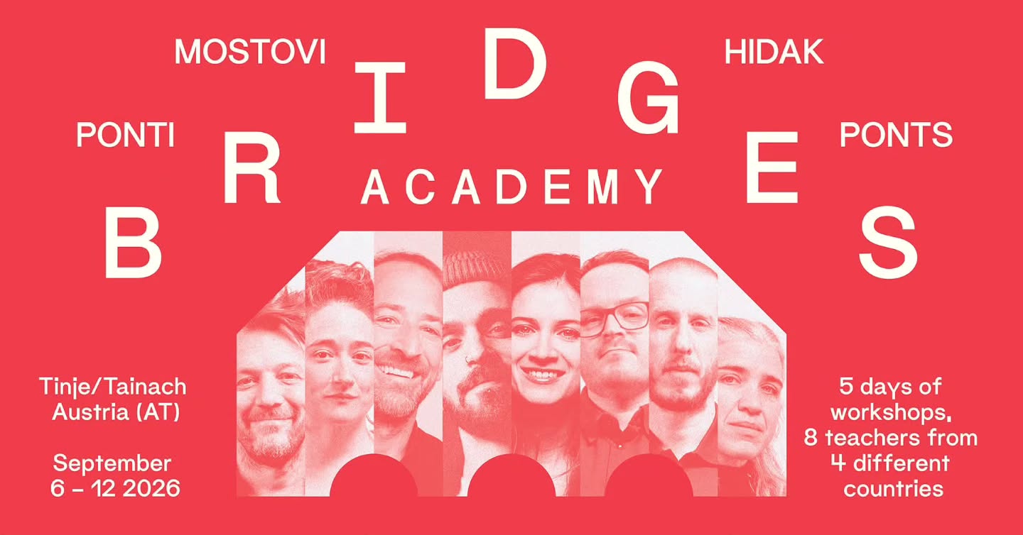 Applications are now open for the Bridges Impro Academy 2026
Calling all improvisers and theatre professionals.
We are looking for 32 participants (8 from each partner country) to join us in Tinje / Tainach, Austria, in September 2026 for an intensive international training focused on the core themes of the Bridges Project: how theatrical improvisation can become a universal form of communication between performers and audiences from different linguistic and cultural backgrounds.
Whether you are a professional improviser, actor, or a dedicated semi-professional, this is an opportunity to explore language, collaboration, and performance within a diverse European ensemble.
Dates
6 September – Arrivals
7–11 September – Program
12 September – Departures
Location
Bildungshaus Sodalitas, Tinje / Tainach, Austria
Program
Participants will take part in 30 hours of workshops led by experienced improvisers who have been involved in the Bridges Project. Evening programs will offer additional opportunities for artistic exchange and networking.
Workshops include:
Timothée Ansieau — Serious Play
Lucie Vokrouhlikova — Space Work
Peter Frankl — Body and Movement
Ophélie Trichard — Non-verbal Character Work
Andrew Hefler — Intimacy and Relationships
Ollie Rasini — Acting and Emotions
Juš Milčinski — Group Mind, Connection, Social Dynamics
Max Moro — Playing with Music
We will also host short sessions on European project funding, environmental sustainability, and gender equality in cultural collaborations.
More information and application form:
https://tinyurl.com/ytfu5sdx